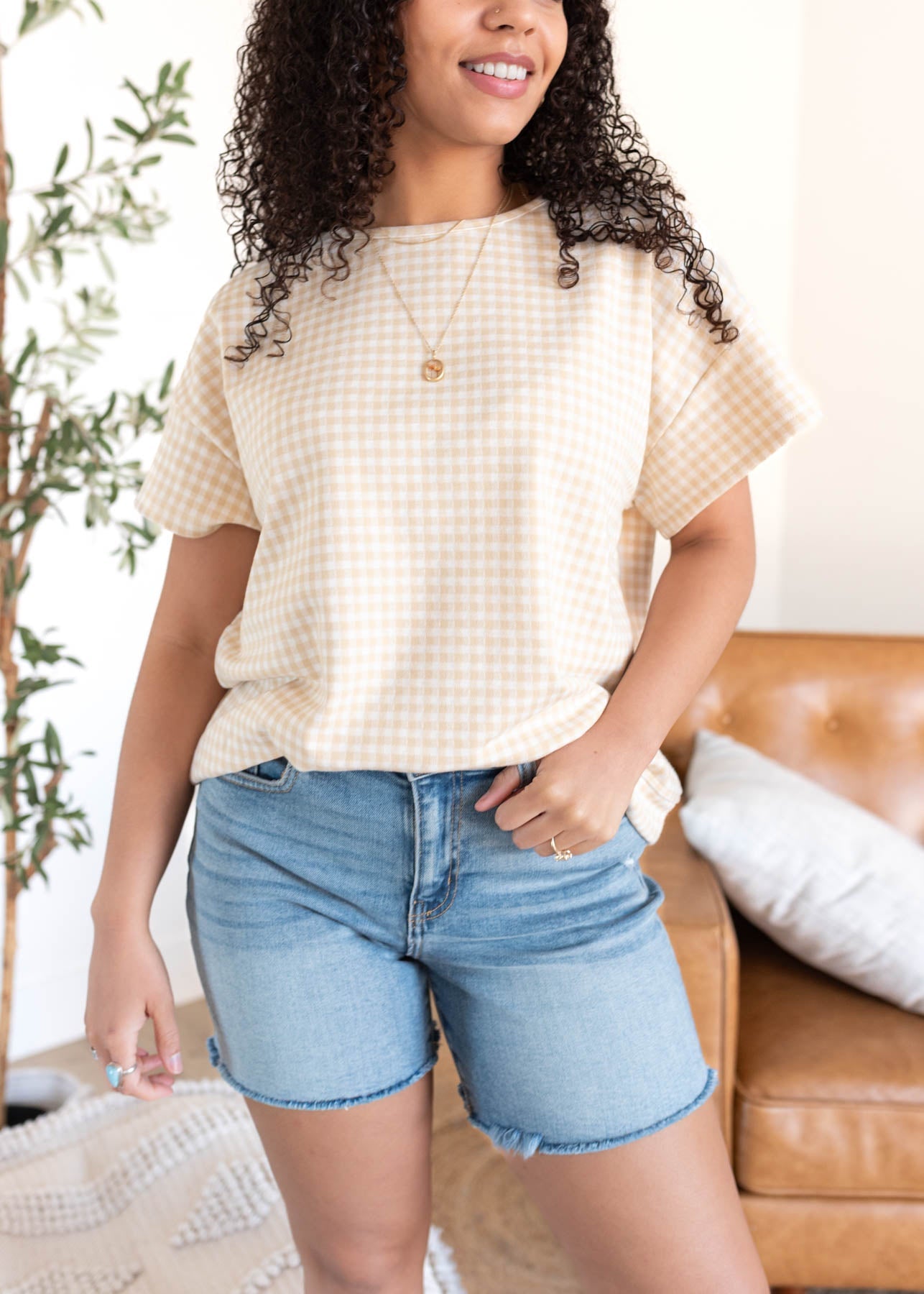 Leila Beige Gingham Knit Top