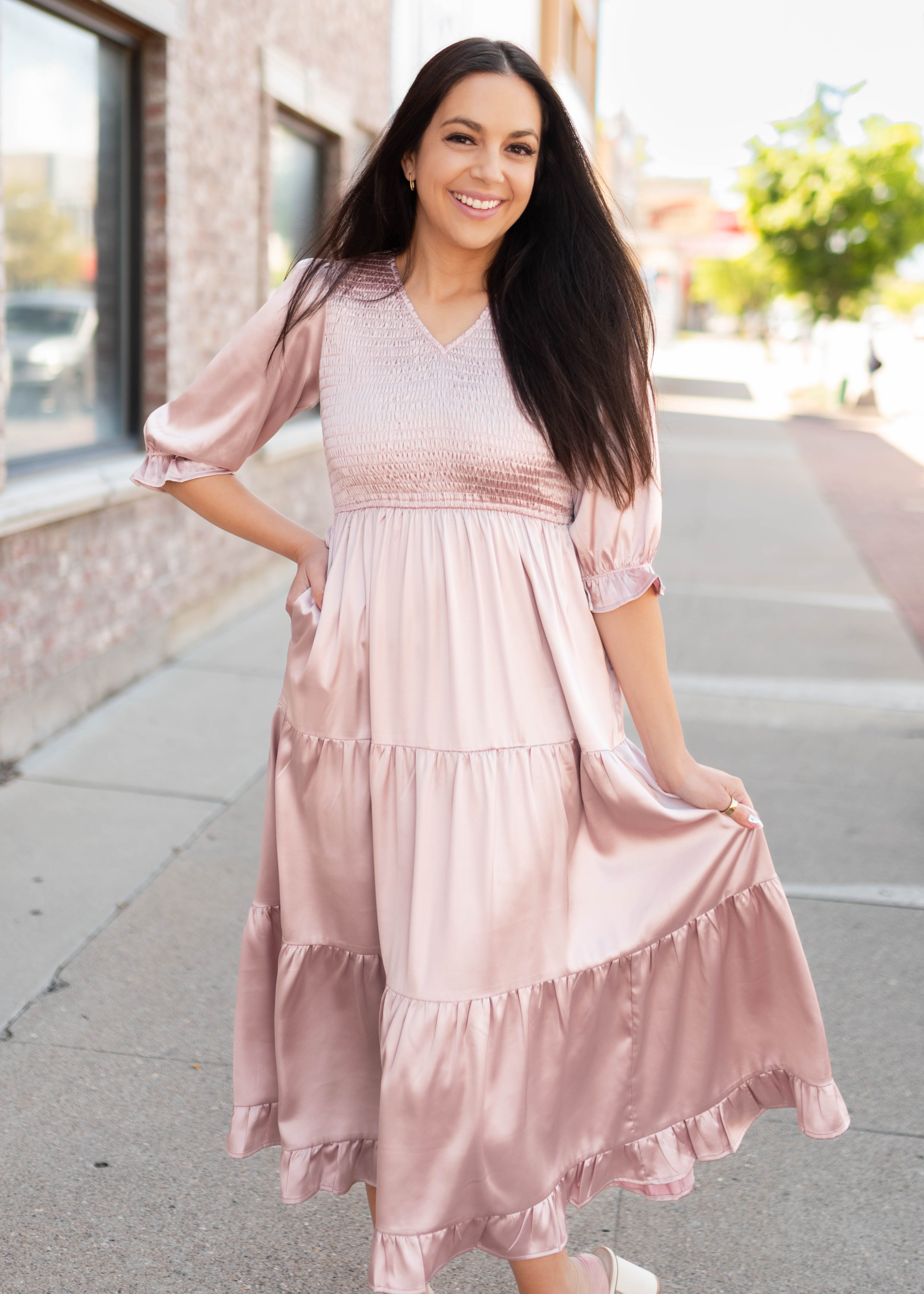Adeline Vintage Blush Satin Dress