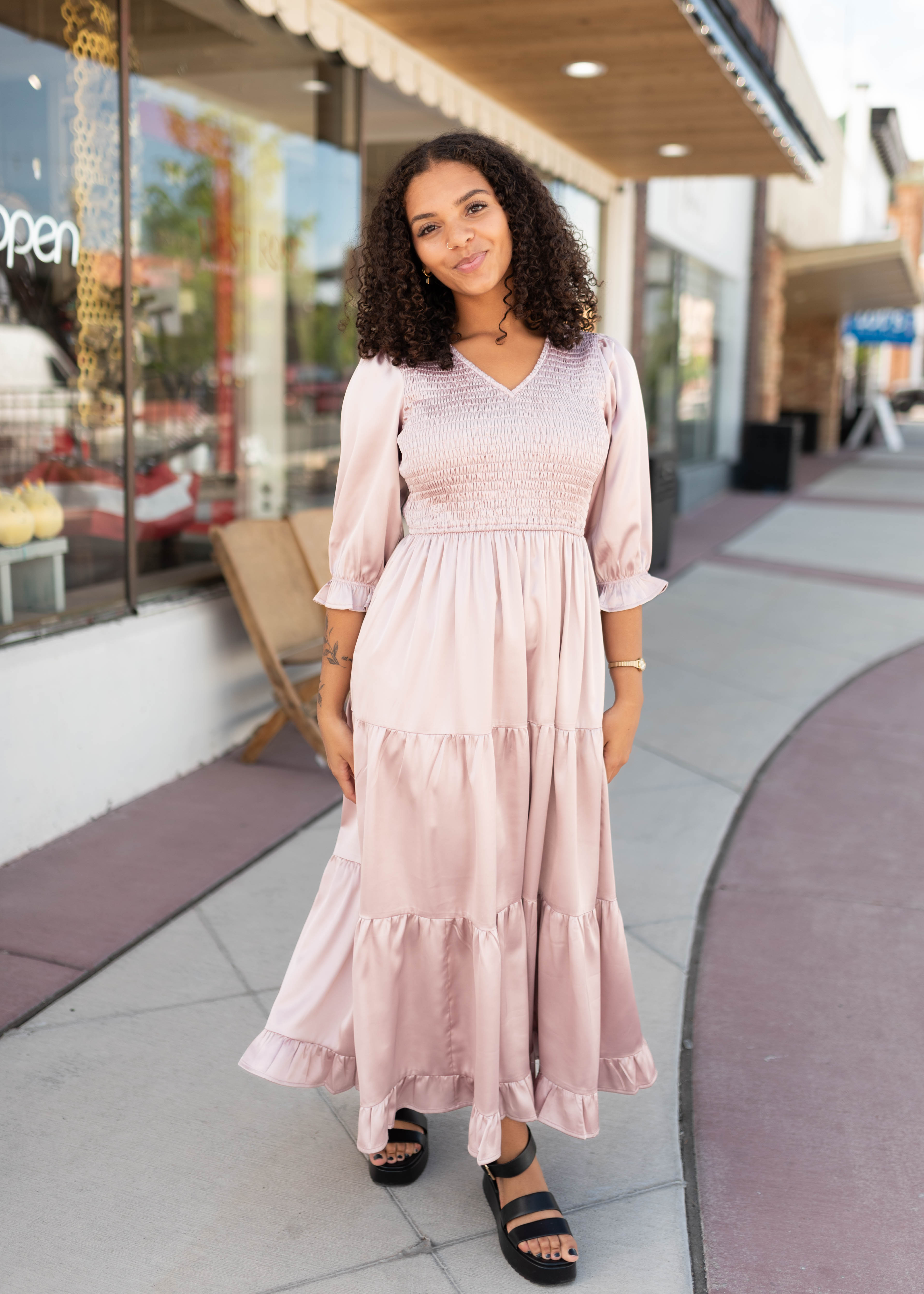 Adeline Vintage Blush Satin Dress