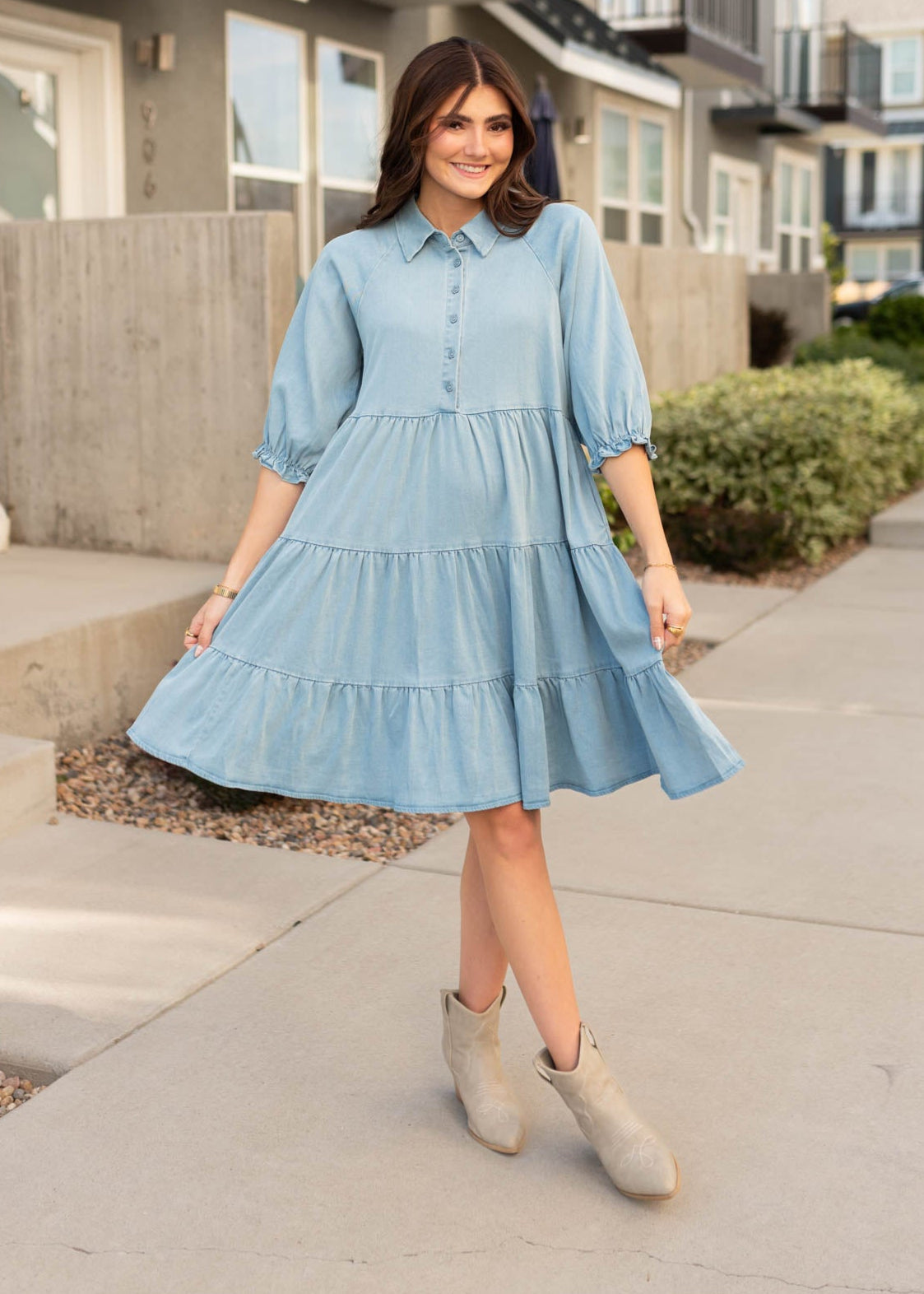 Anna Chambray Tiered Dress