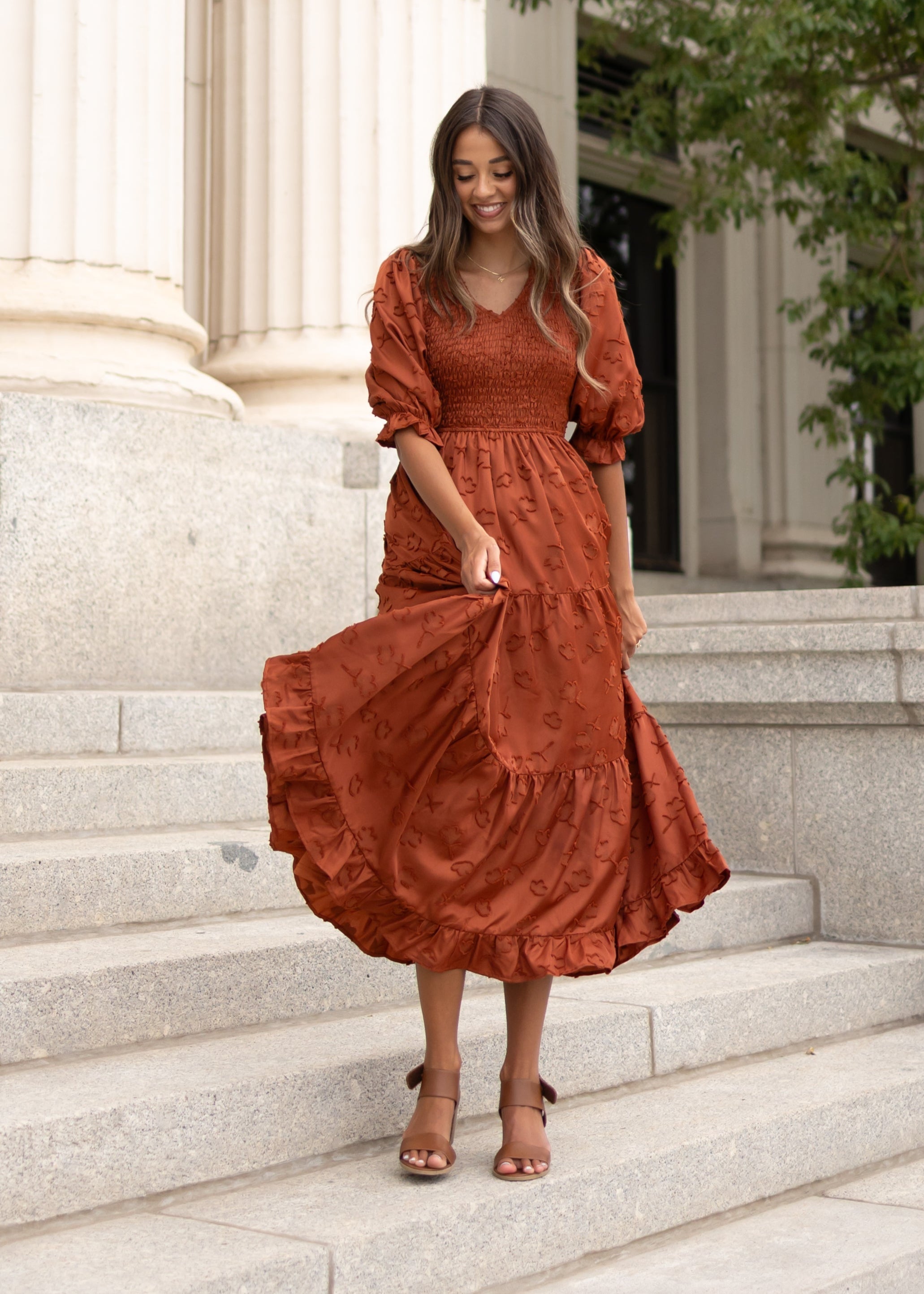 Aurelia Rust Smocked Dress