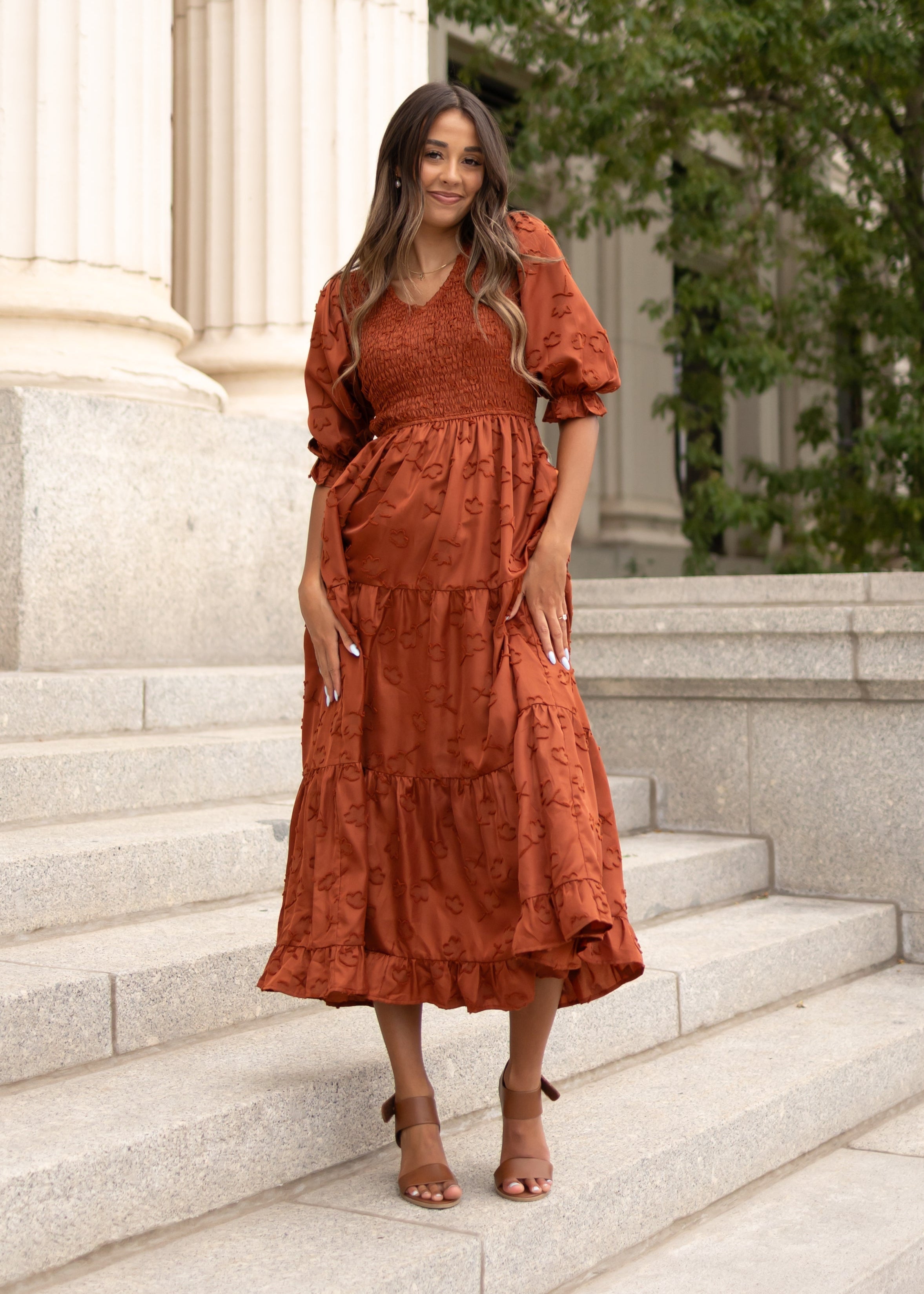 Aurelia Rust Smocked Dress
