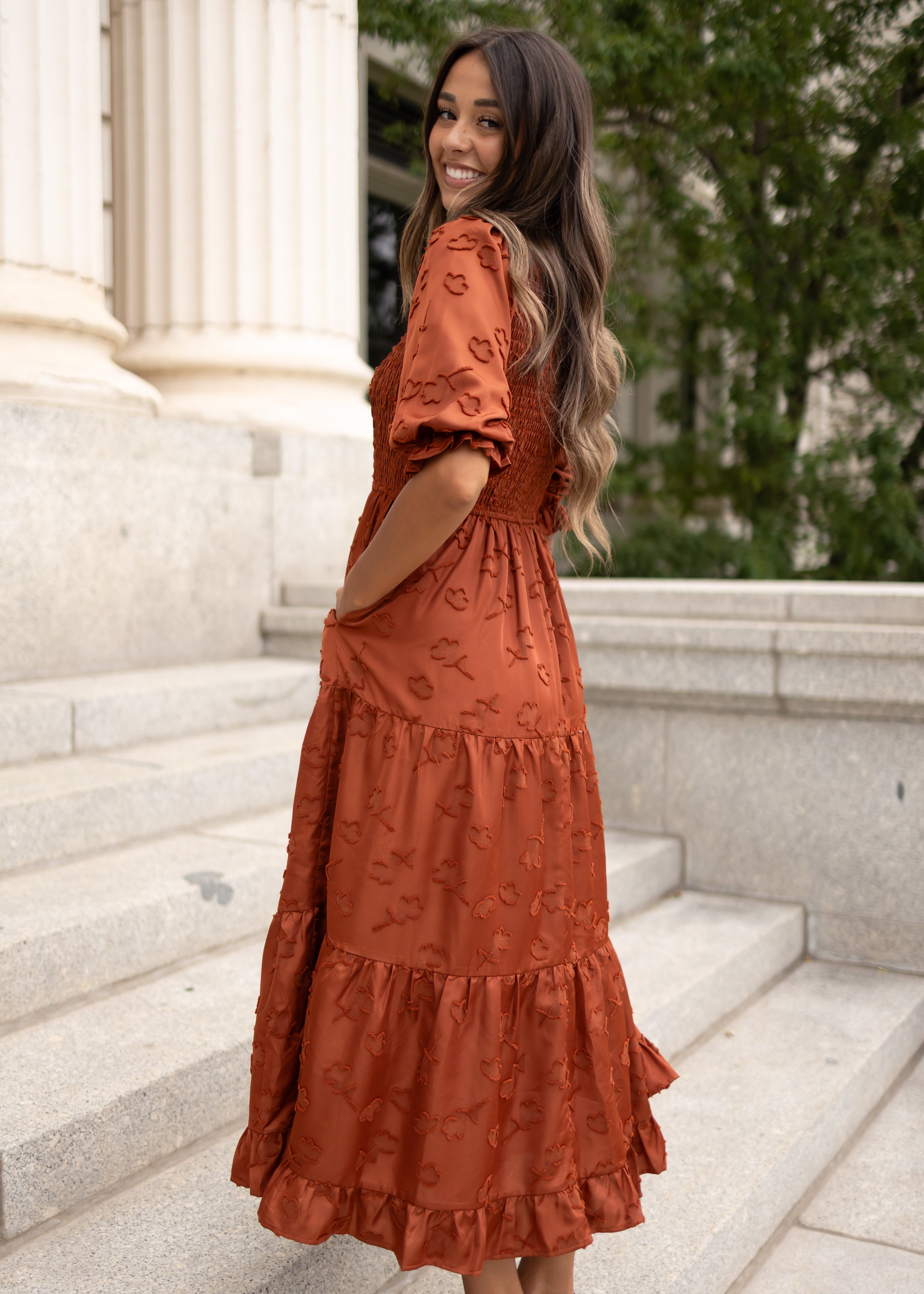 Aurelia Rust Smocked Dress