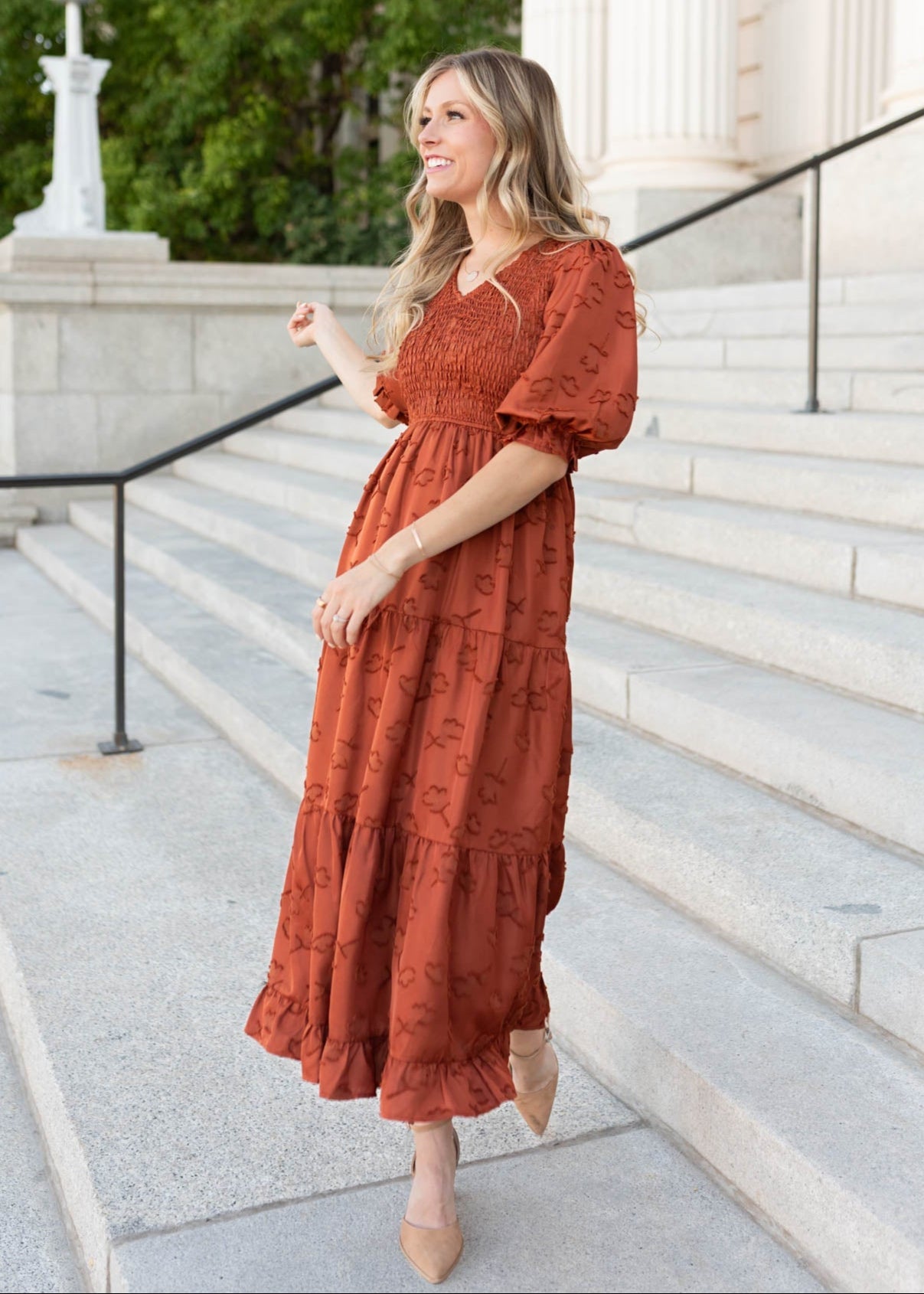 Aurelia Rust Smocked Dress
