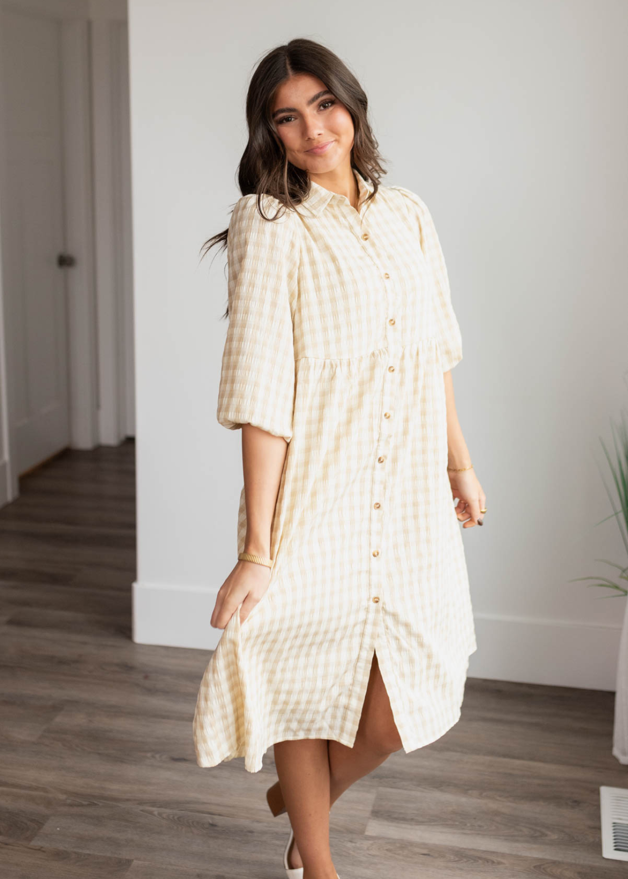 Cambree Taupe Gingham Button Down Dress