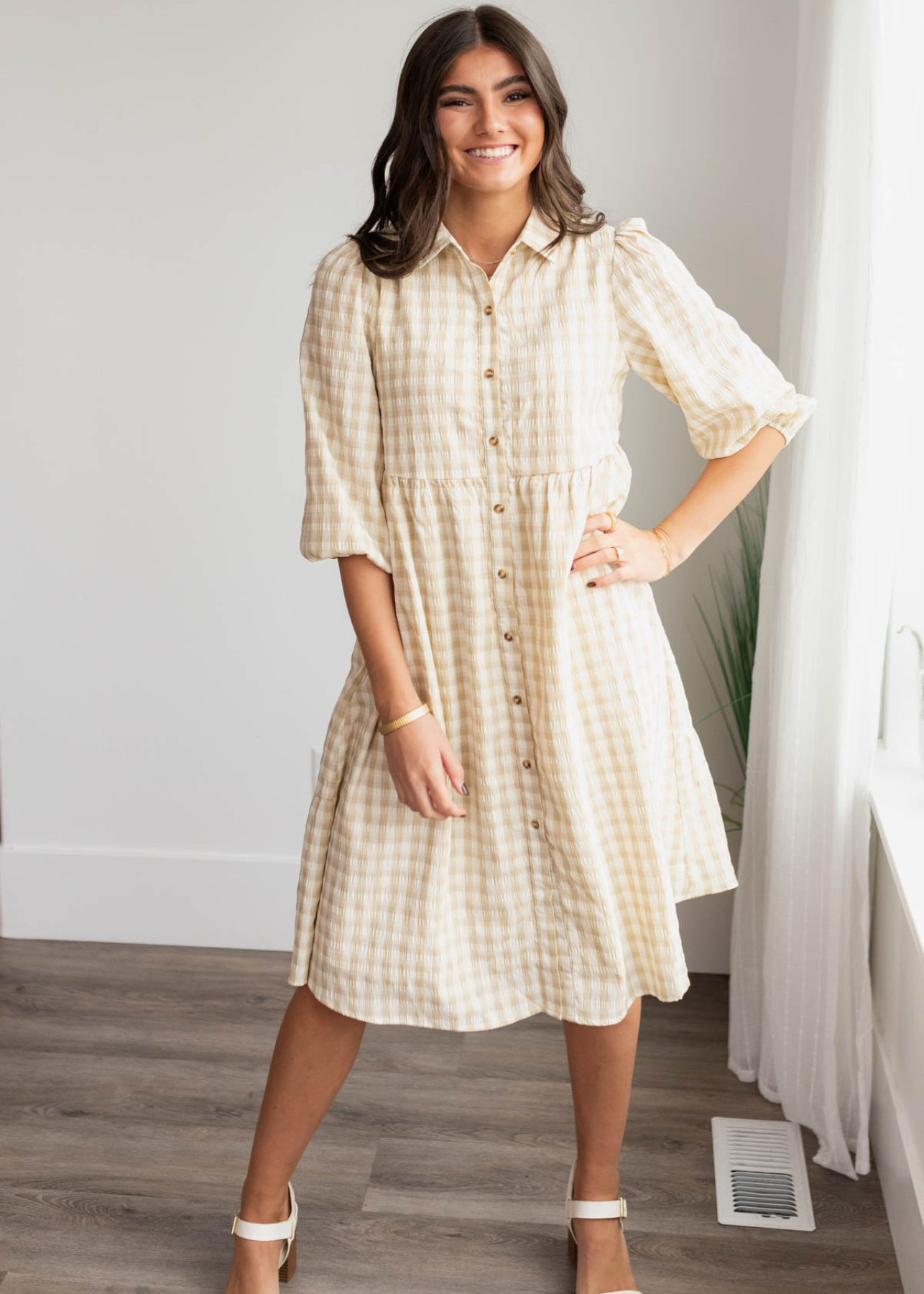Cambree Taupe Gingham Button Down Dress