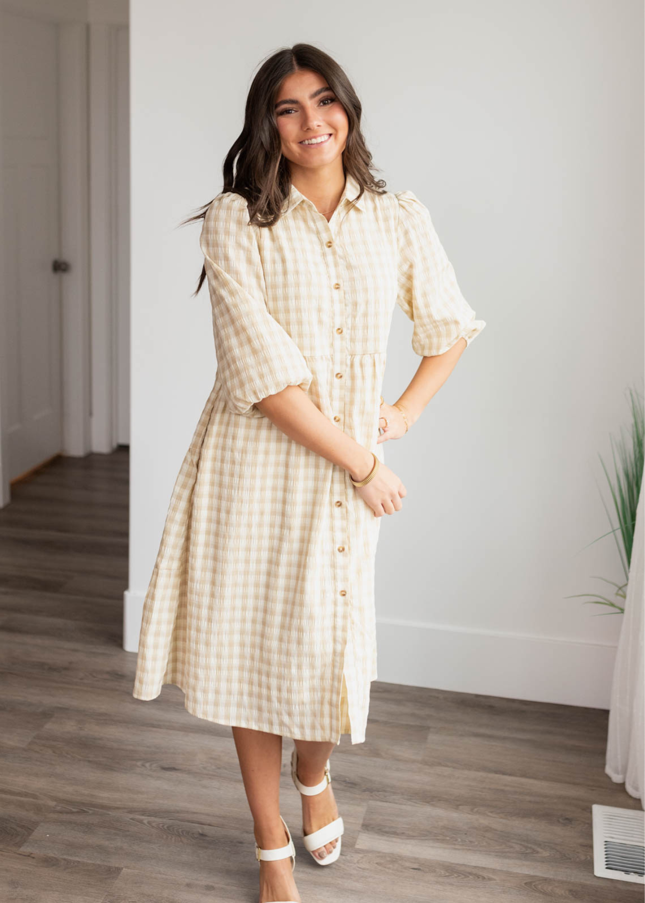 Cambree Taupe Gingham Button Down Dress