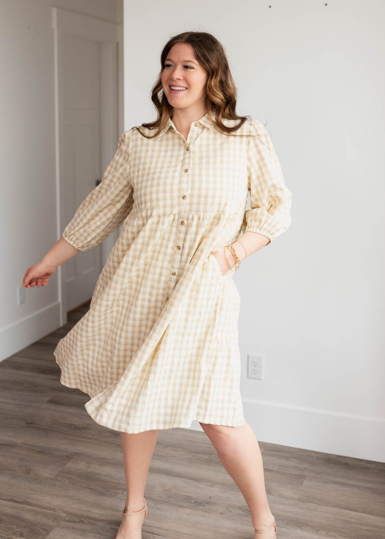 Cambree Taupe Gingham Button Down Dress