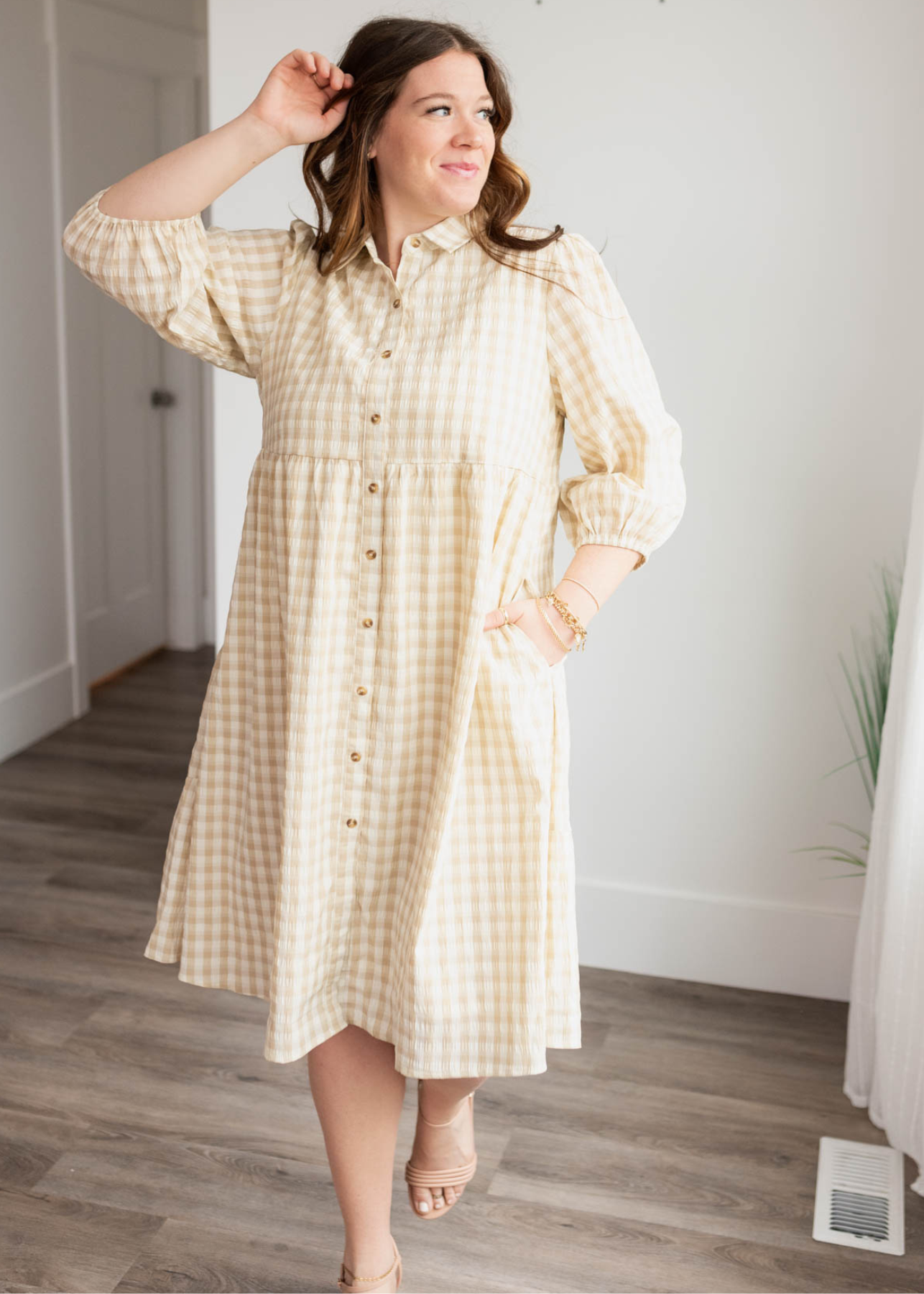Cambree Taupe Gingham Button Down Dress