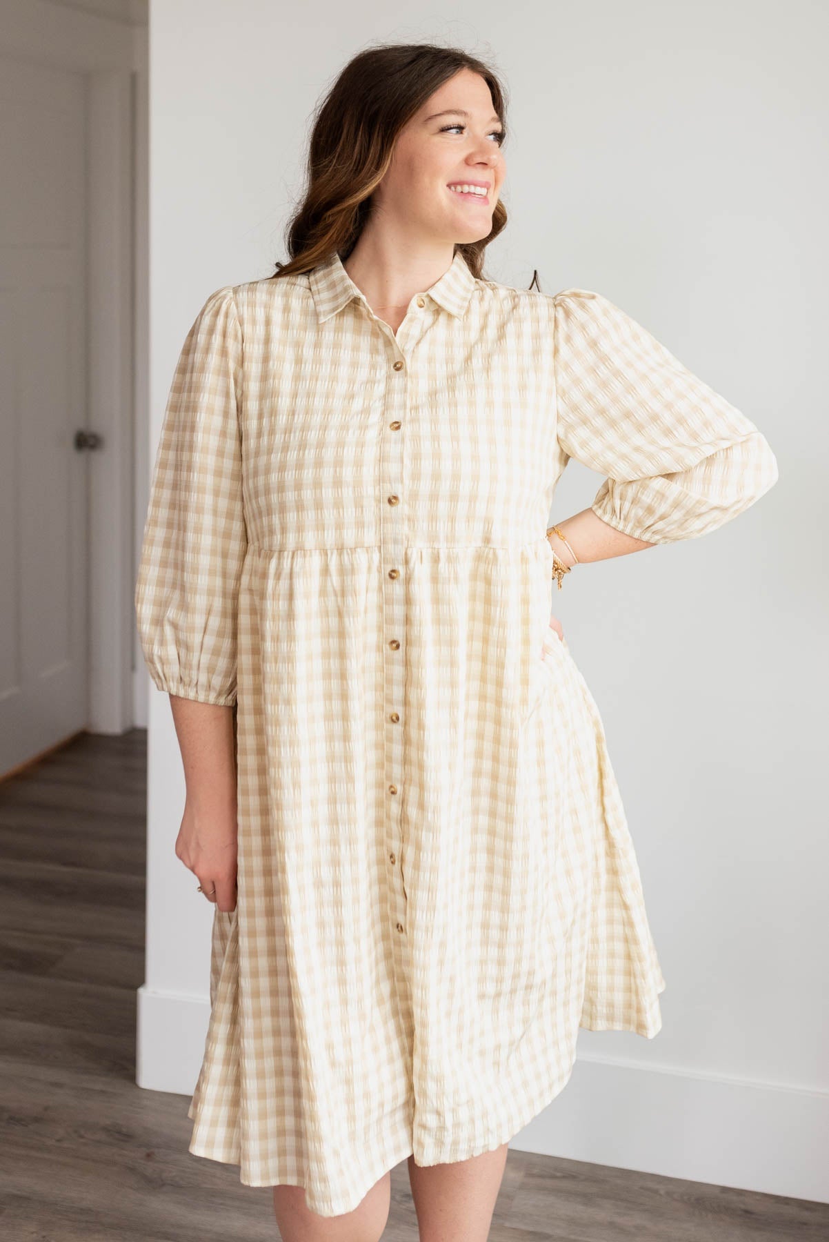 Cambree Taupe Gingham Button Down Dress