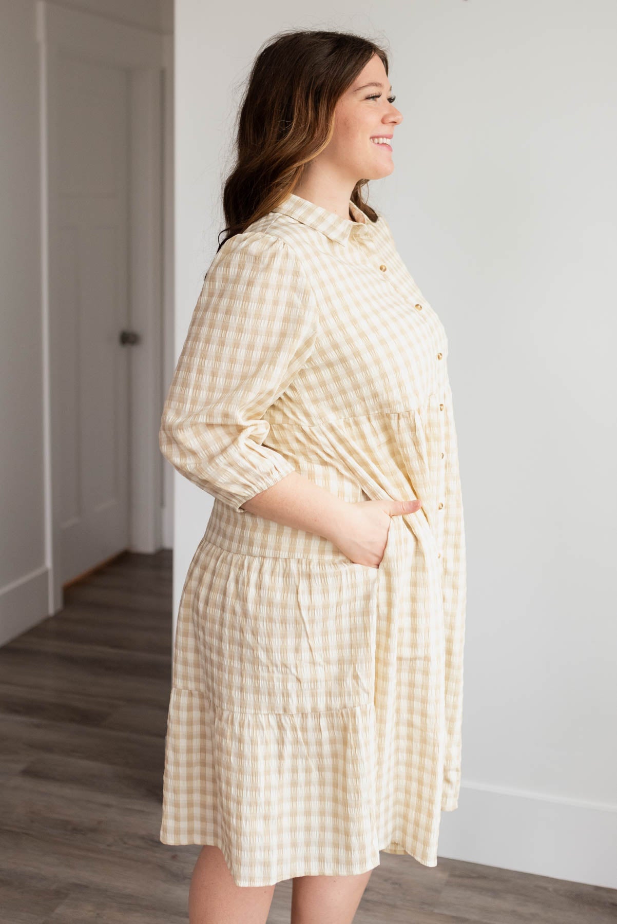 Cambree Taupe Gingham Button Down Dress