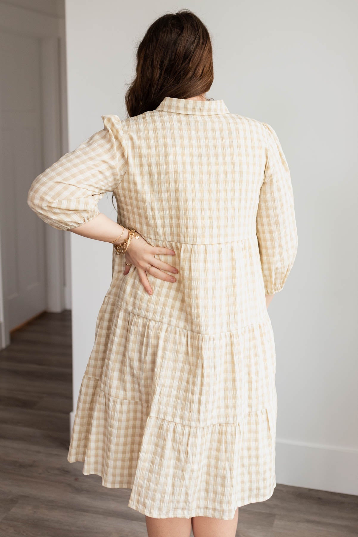 Cambree Taupe Gingham Button Down Dress