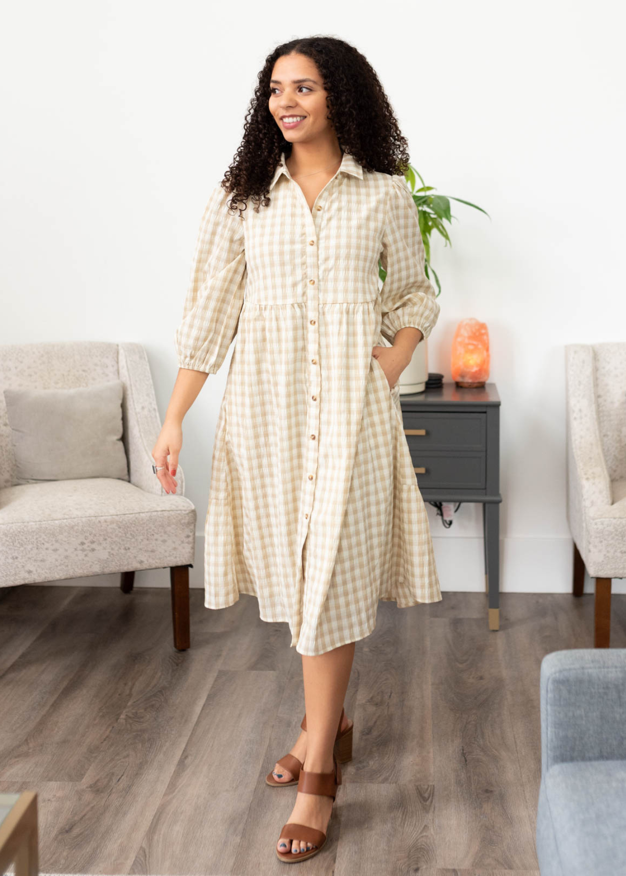 Cambree Taupe Gingham Button Down Dress