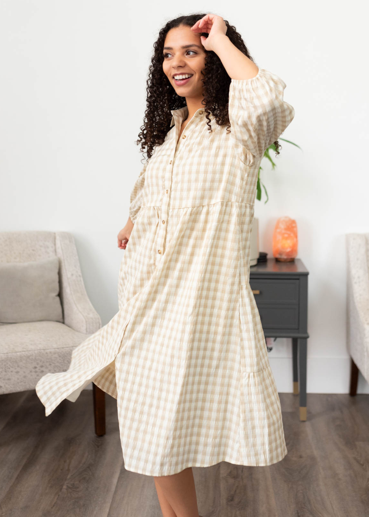 Cambree Taupe Gingham Button Down Dress
