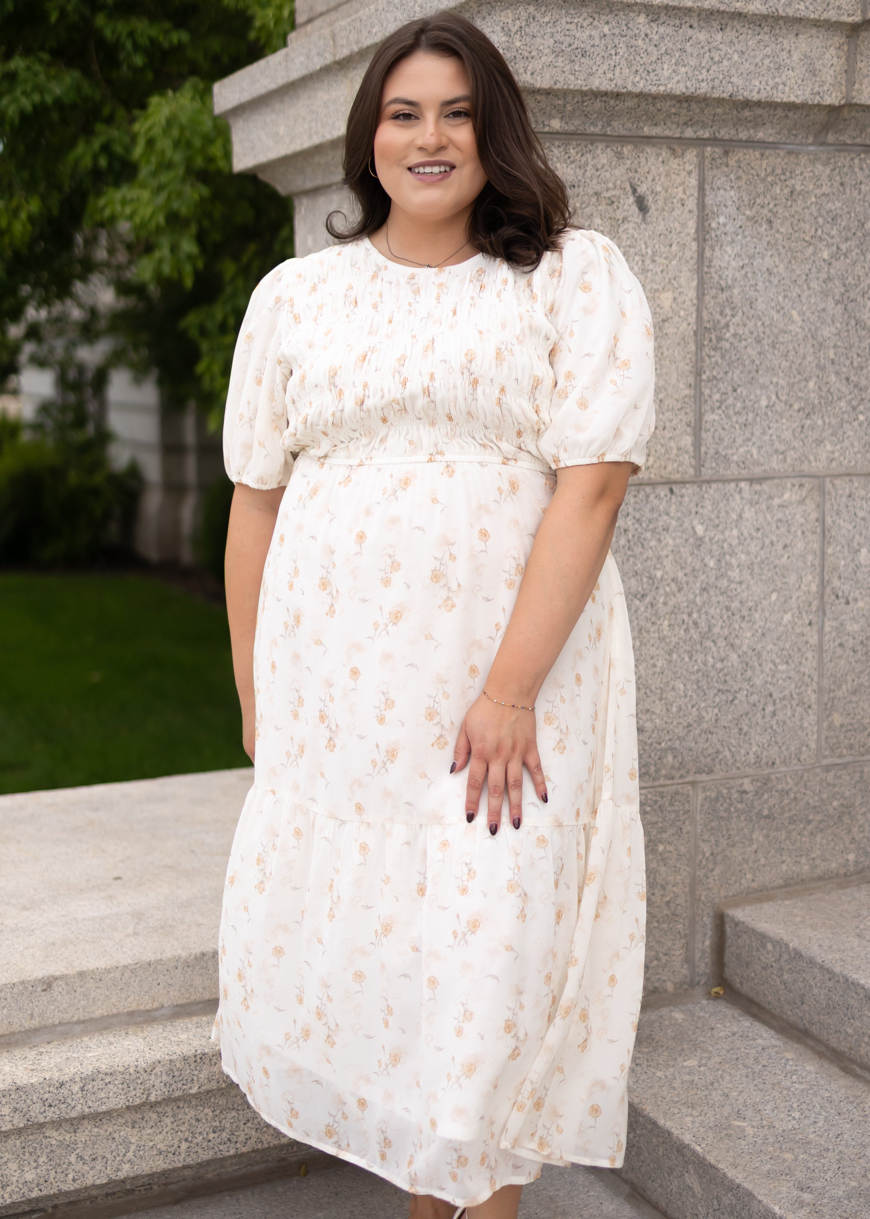 Cari Cream Floral Smocked Dress
