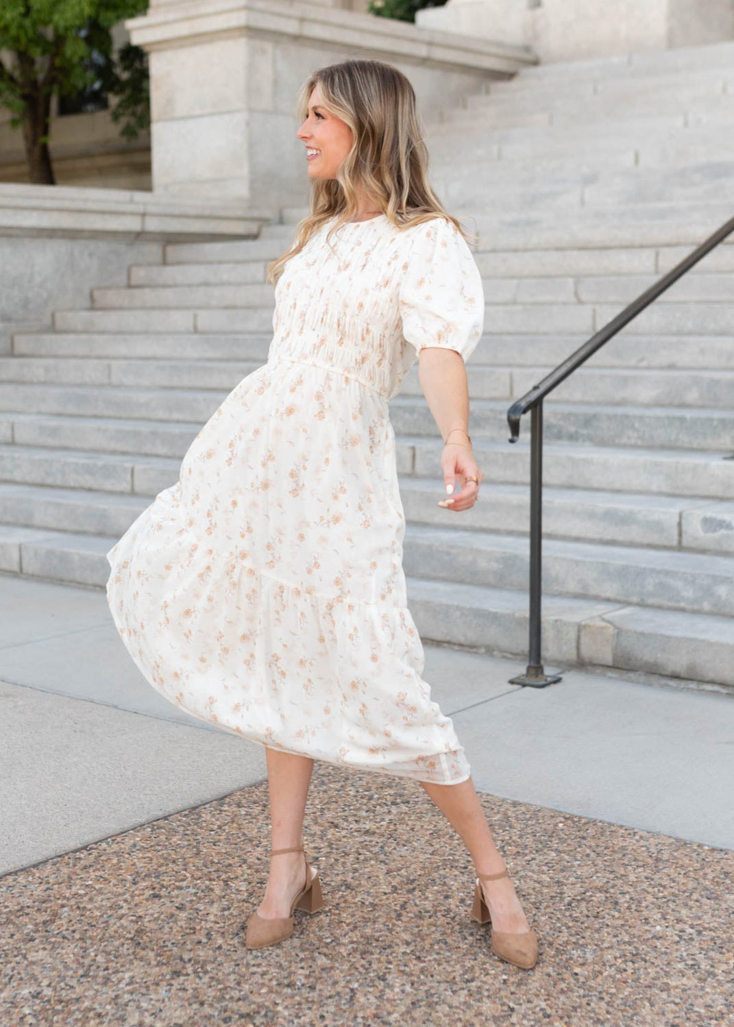Cari Cream Floral Smocked Dress