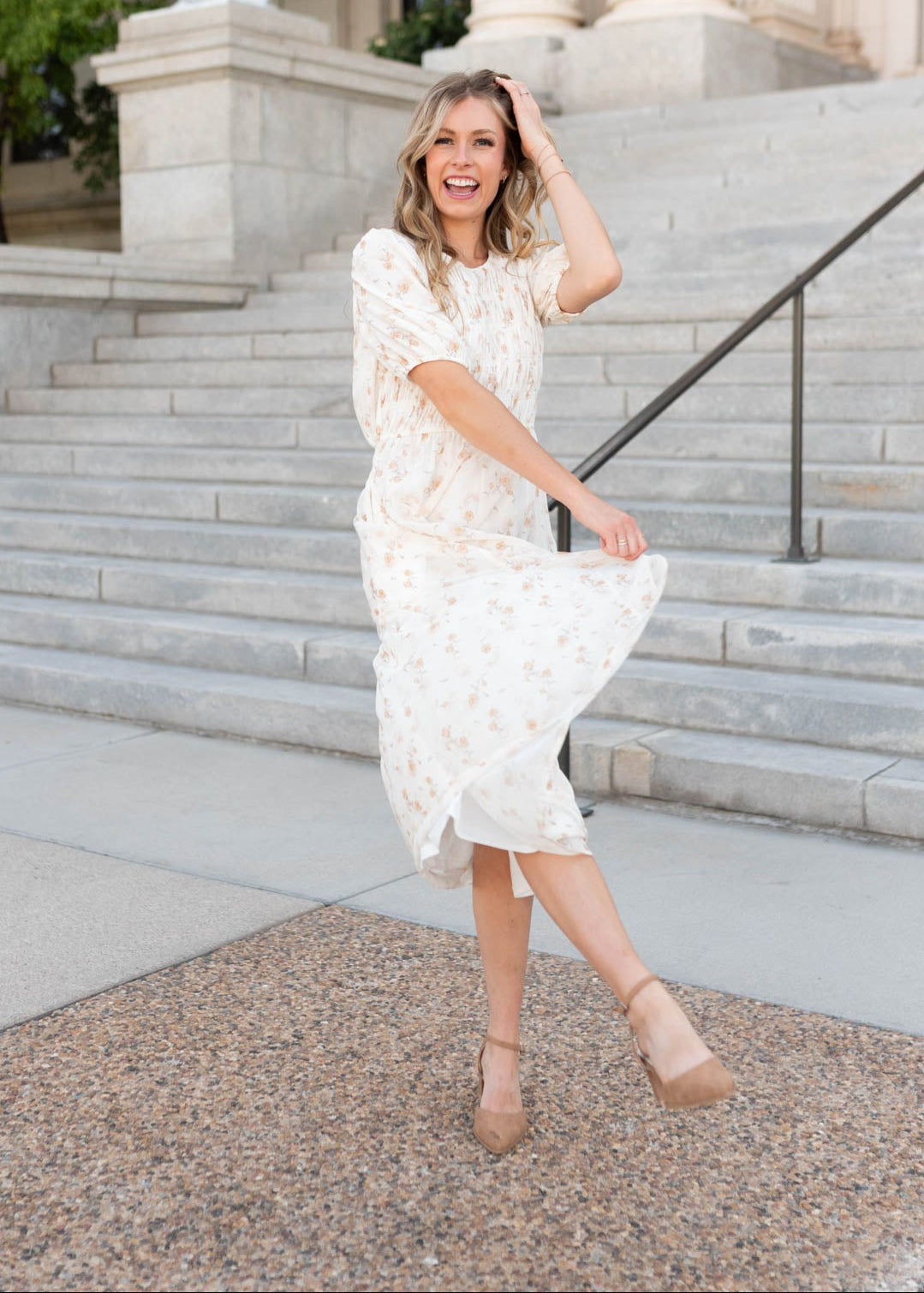 Cari Cream Floral Smocked Dress