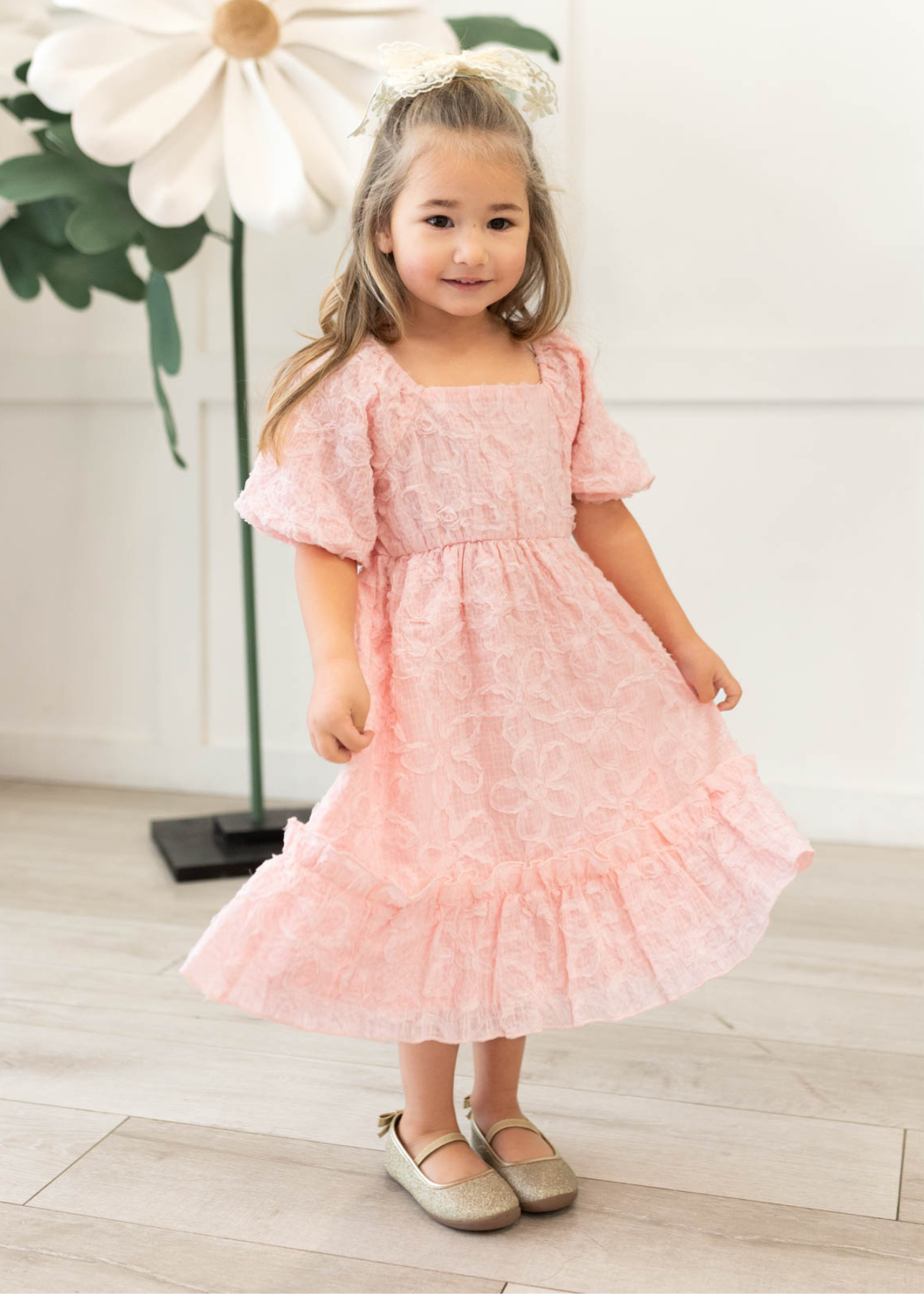 Carlee Pink Floral Textured Little Girl Dress