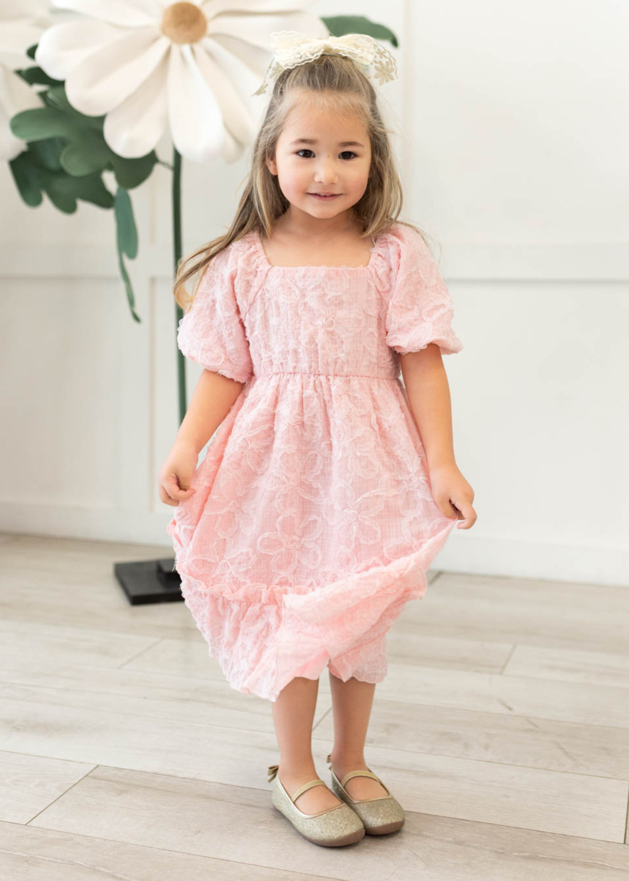 Carlee Pink Floral Textured Little Girl Dress