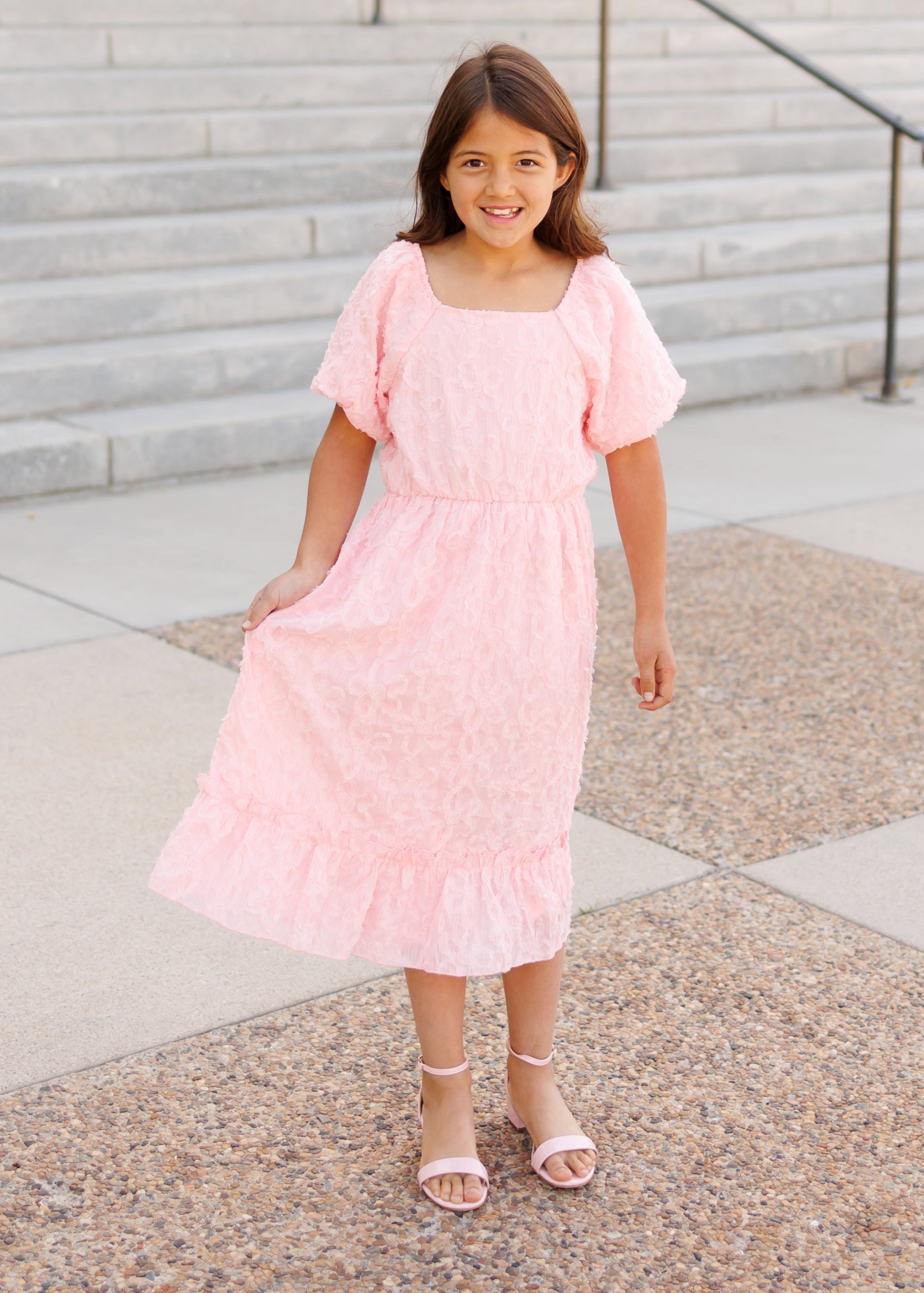 Carlee Pink Floral Textured Little Girl Dress