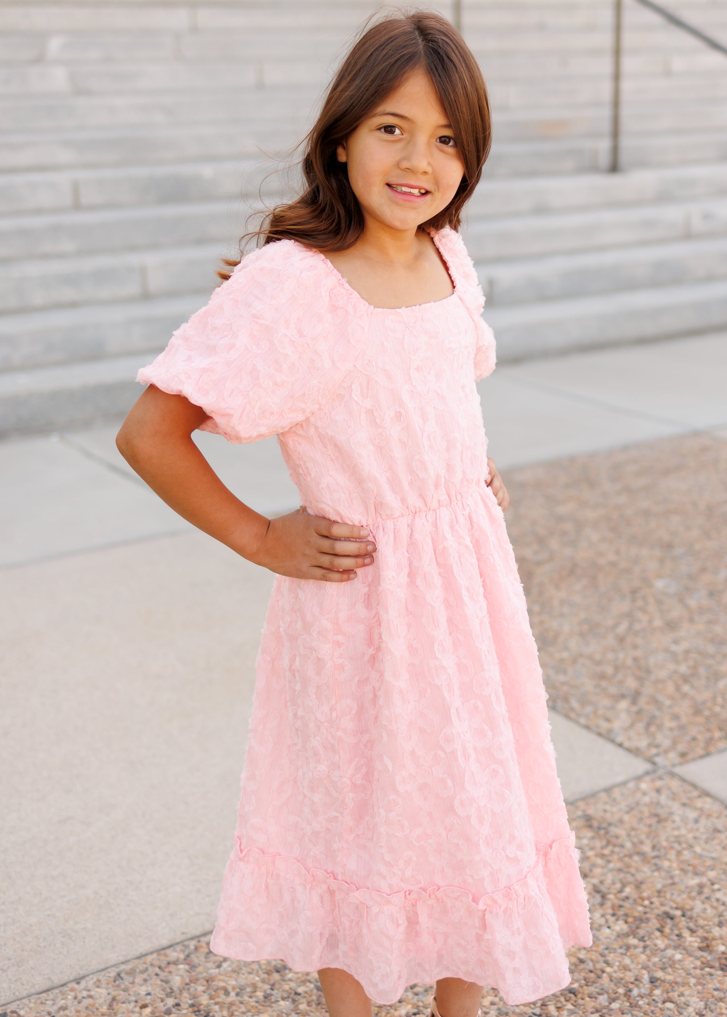 Carlee Pink Floral Textured Little Girl Dress