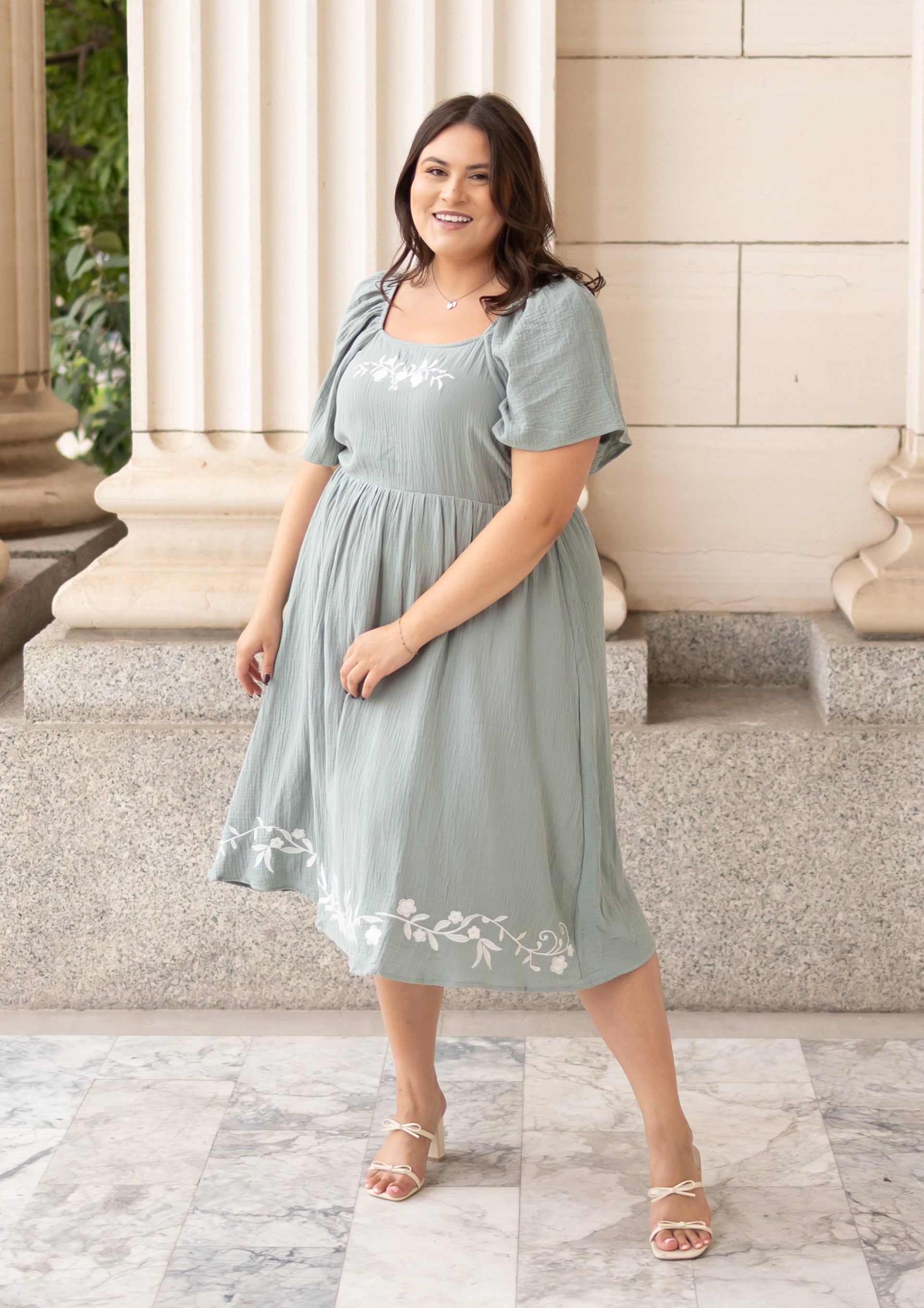 Clarisse Light Sage Embroidered Dress