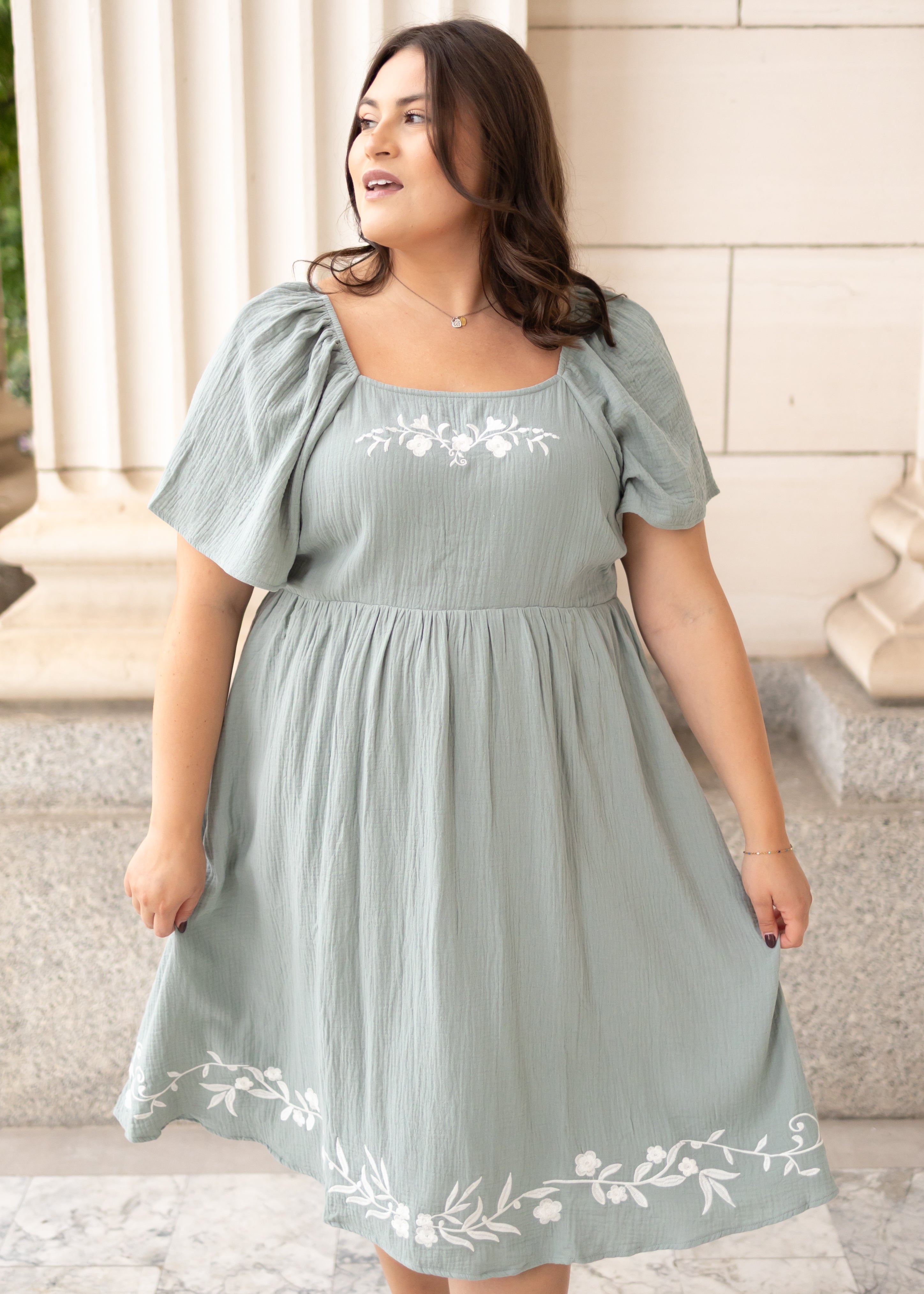 Clarisse Light Sage Embroidered Dress