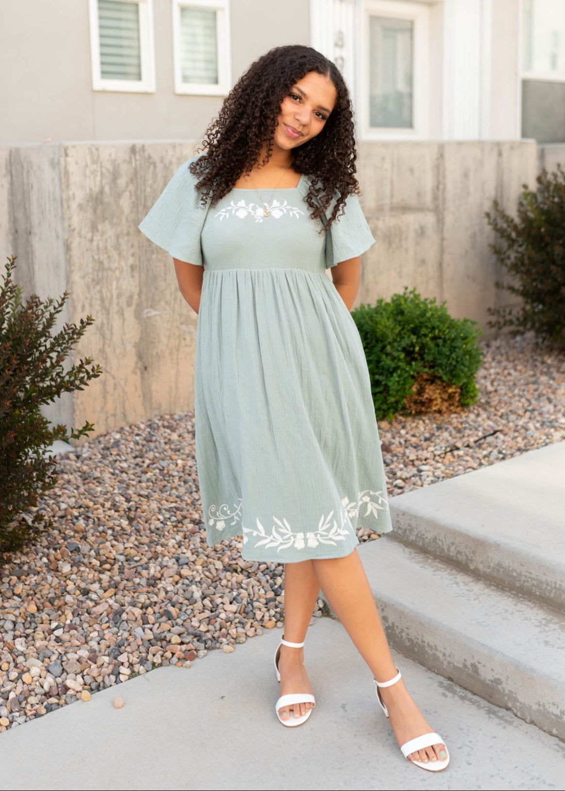 Clarisse Light Sage Embroidered Dress