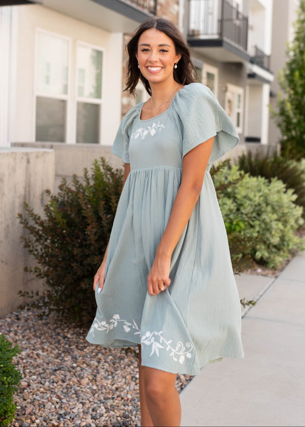 Clarisse Light Sage Embroidered Dress