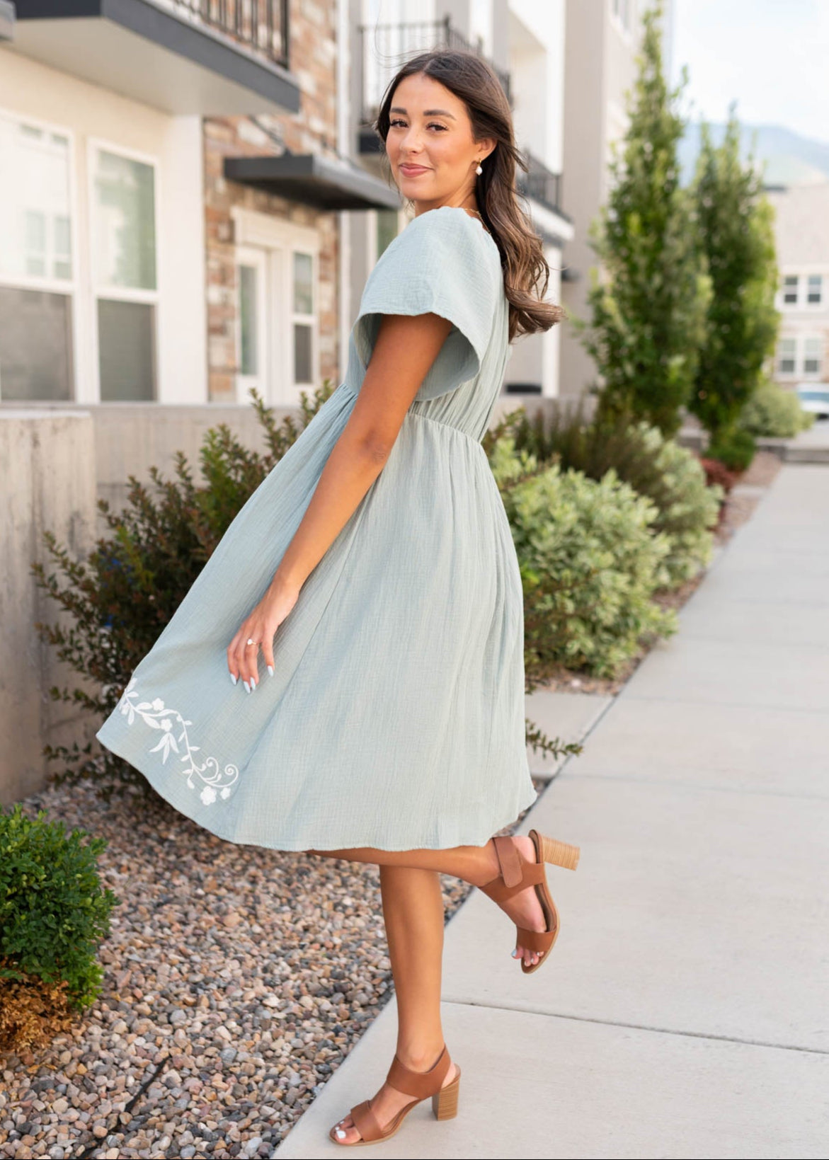 Clarisse Light Sage Embroidered Dress