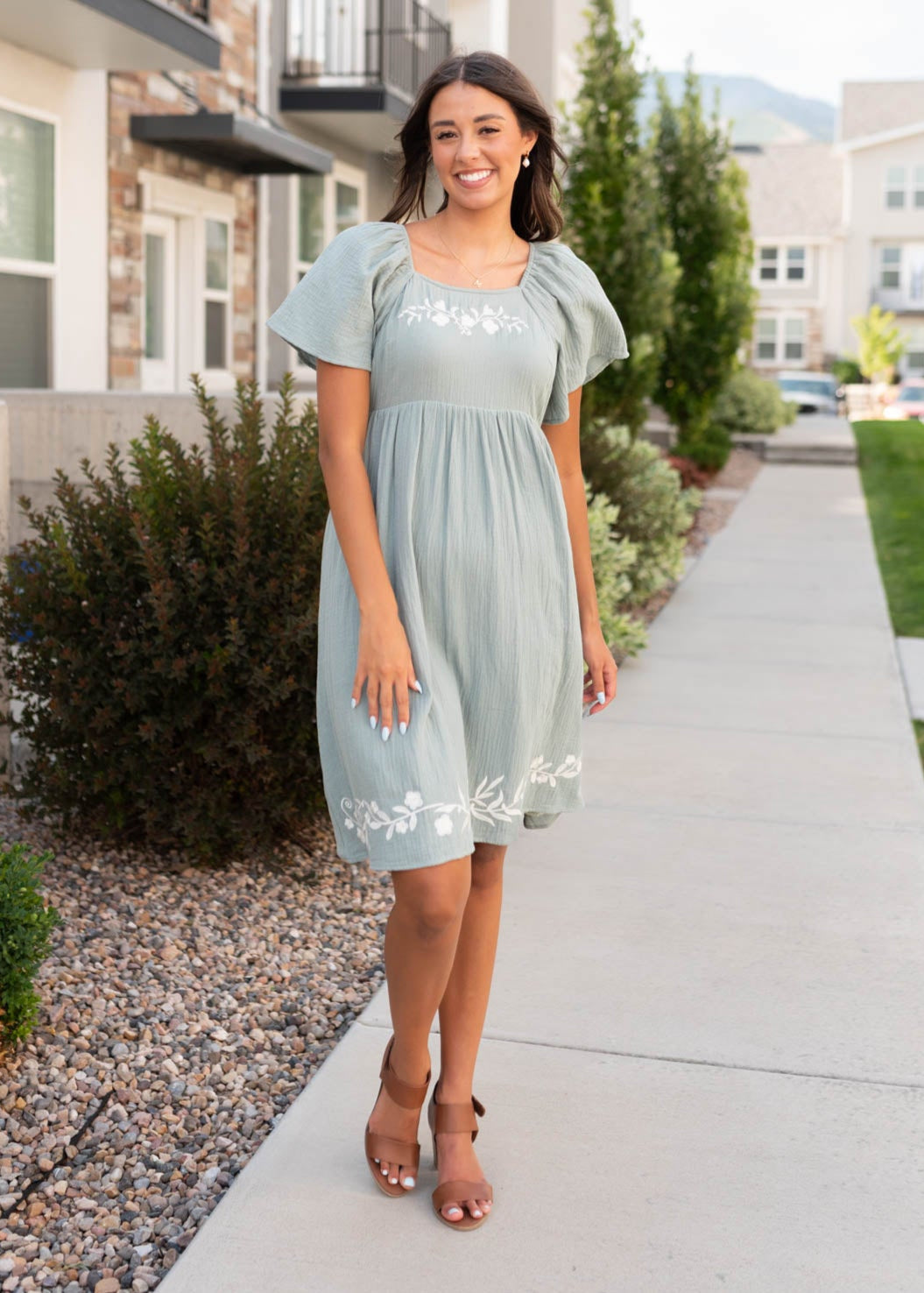 Clarisse Light Sage Embroidered Dress