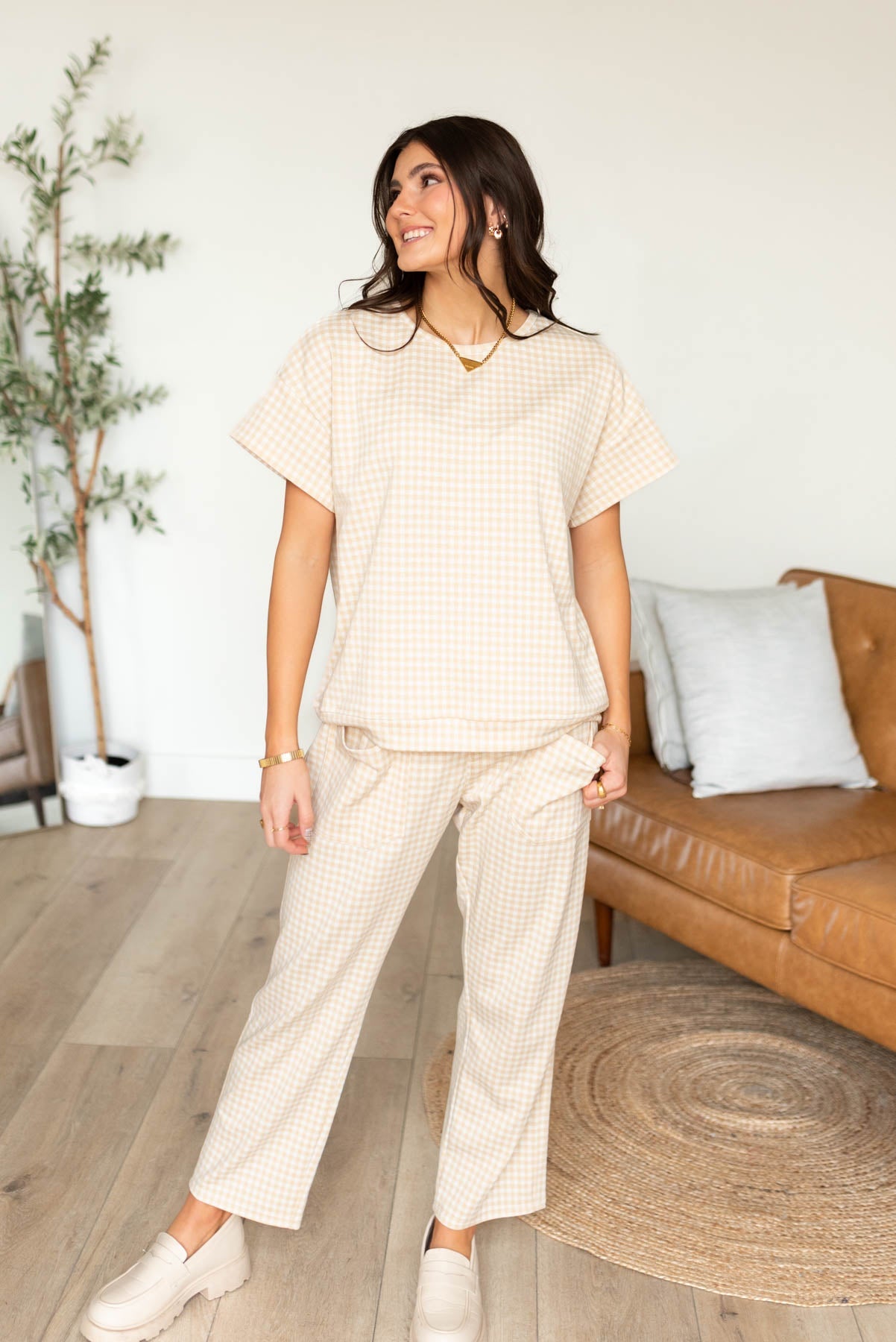 Leila Beige Gingham Knit Top
