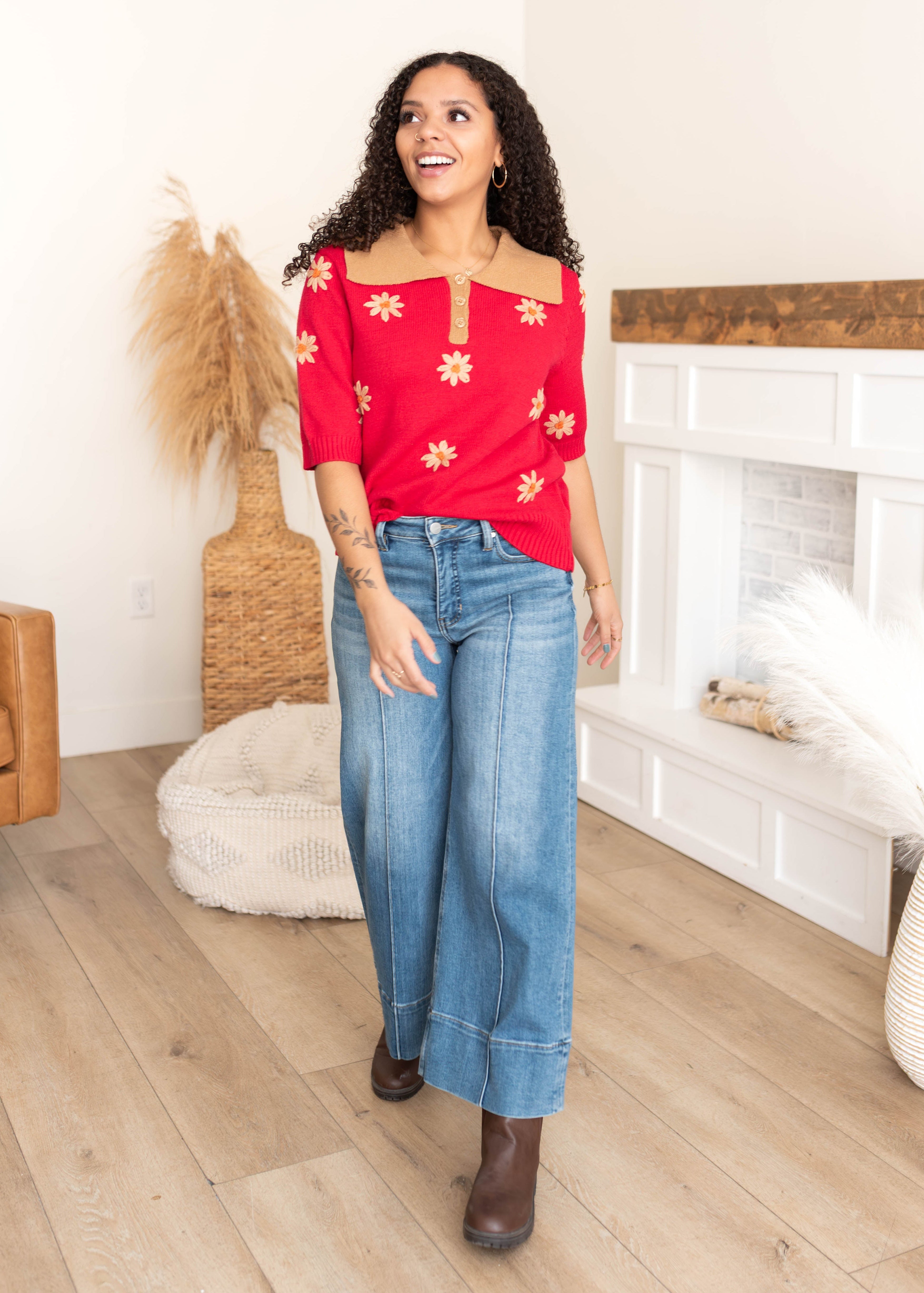 Danika Red Floral Collared Top