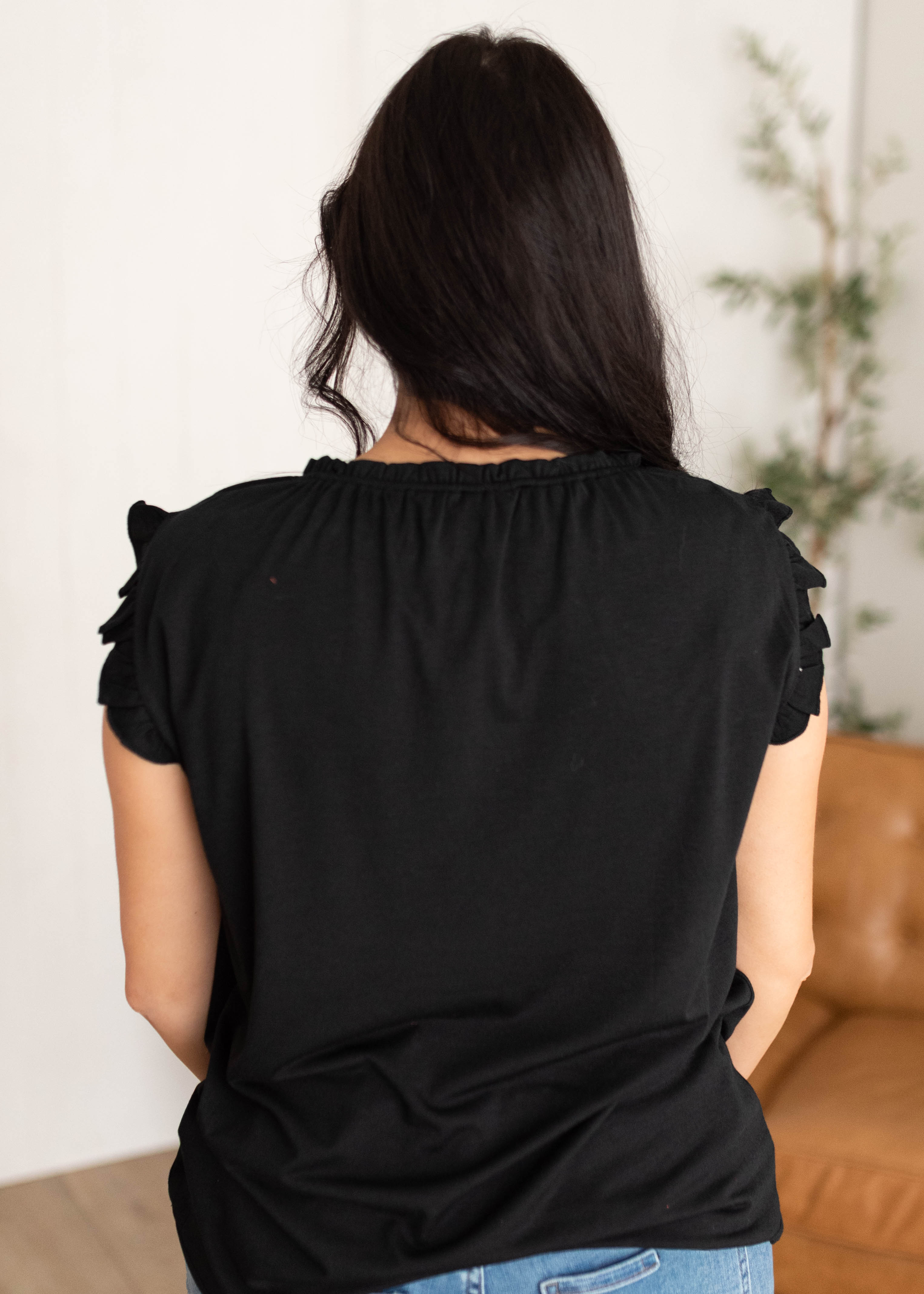 Elaine Black Ruffle Sleeve Top