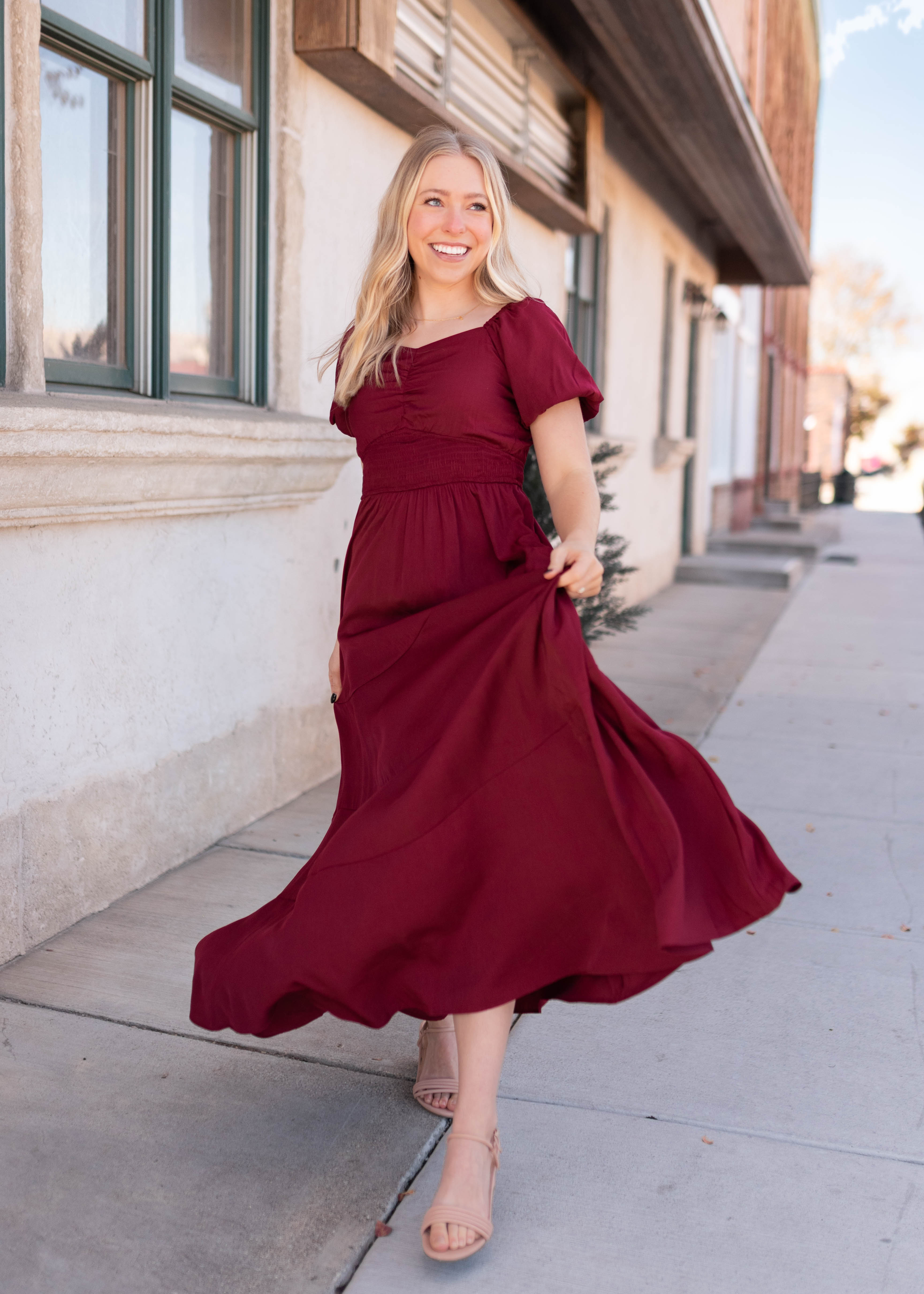 Elena Burgundy Smocked Dress