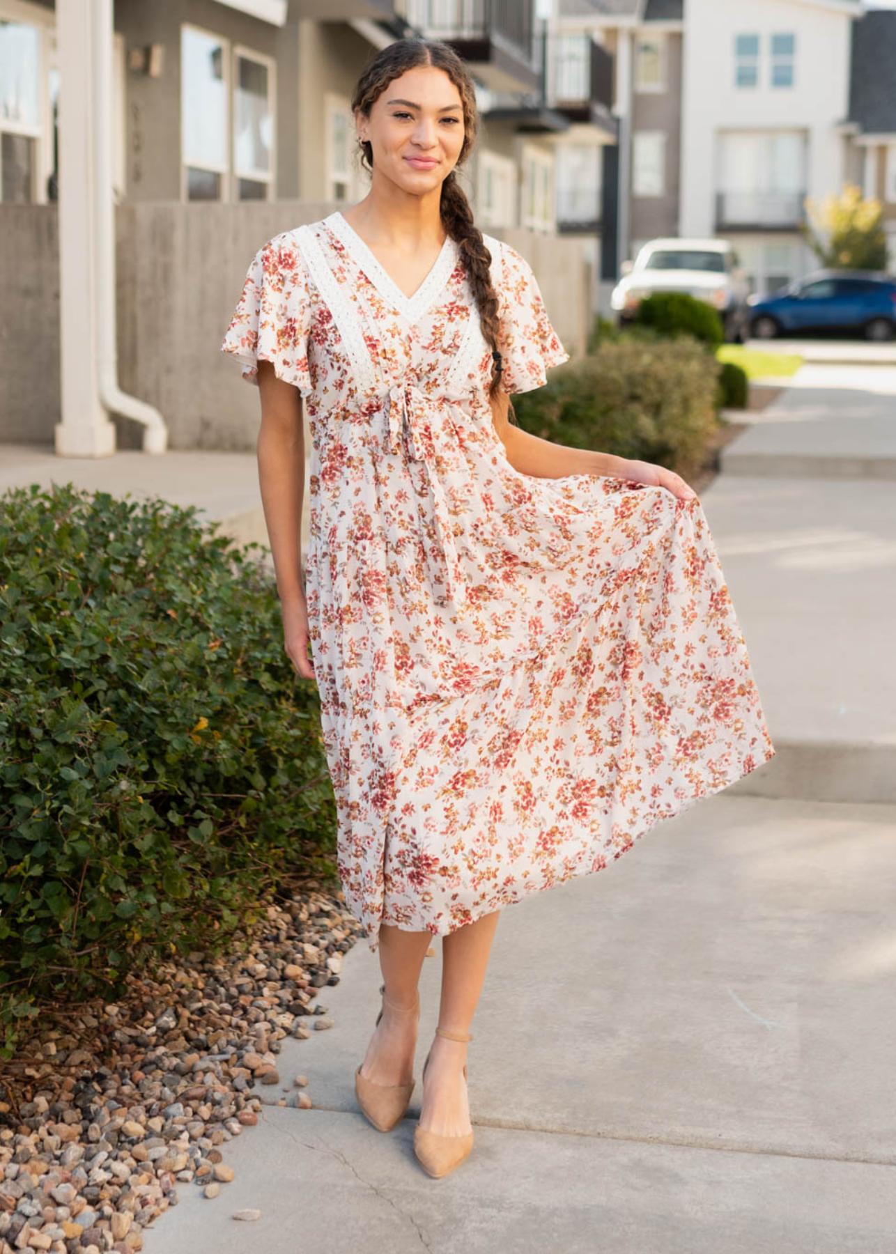 Ella Cream Floral Tiered Dress
