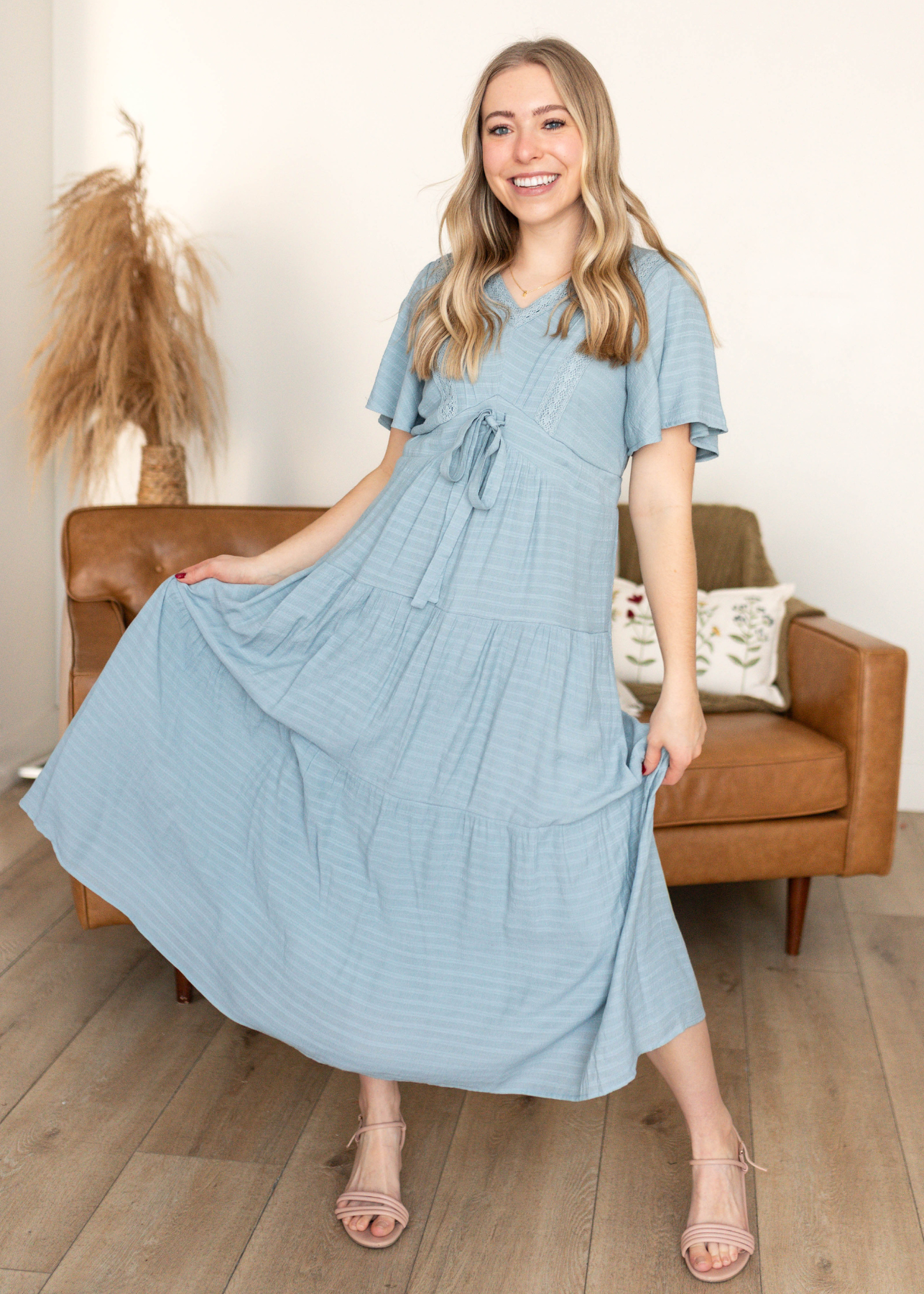 Emilee Dusty Blue Textured Tiered Dress