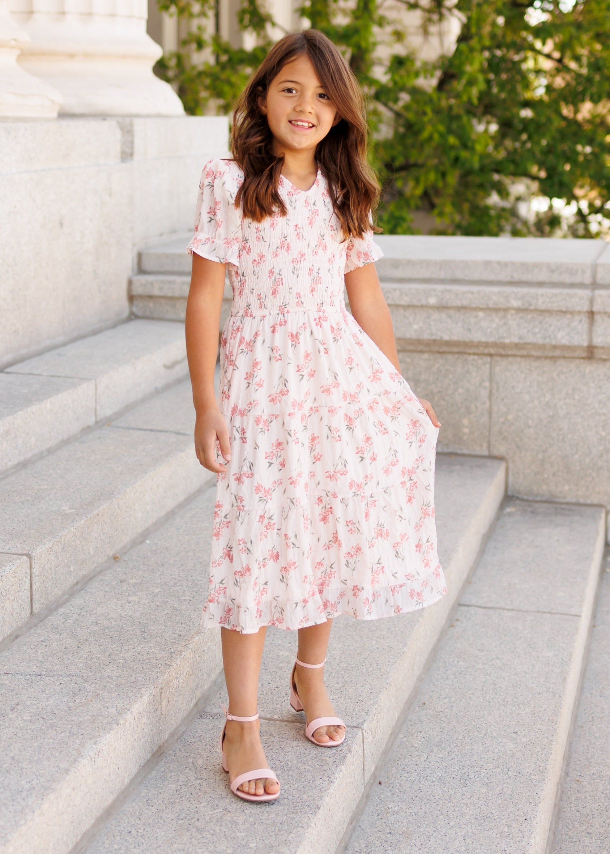 Emmie Pink Floral Tiered Little Girl Dress