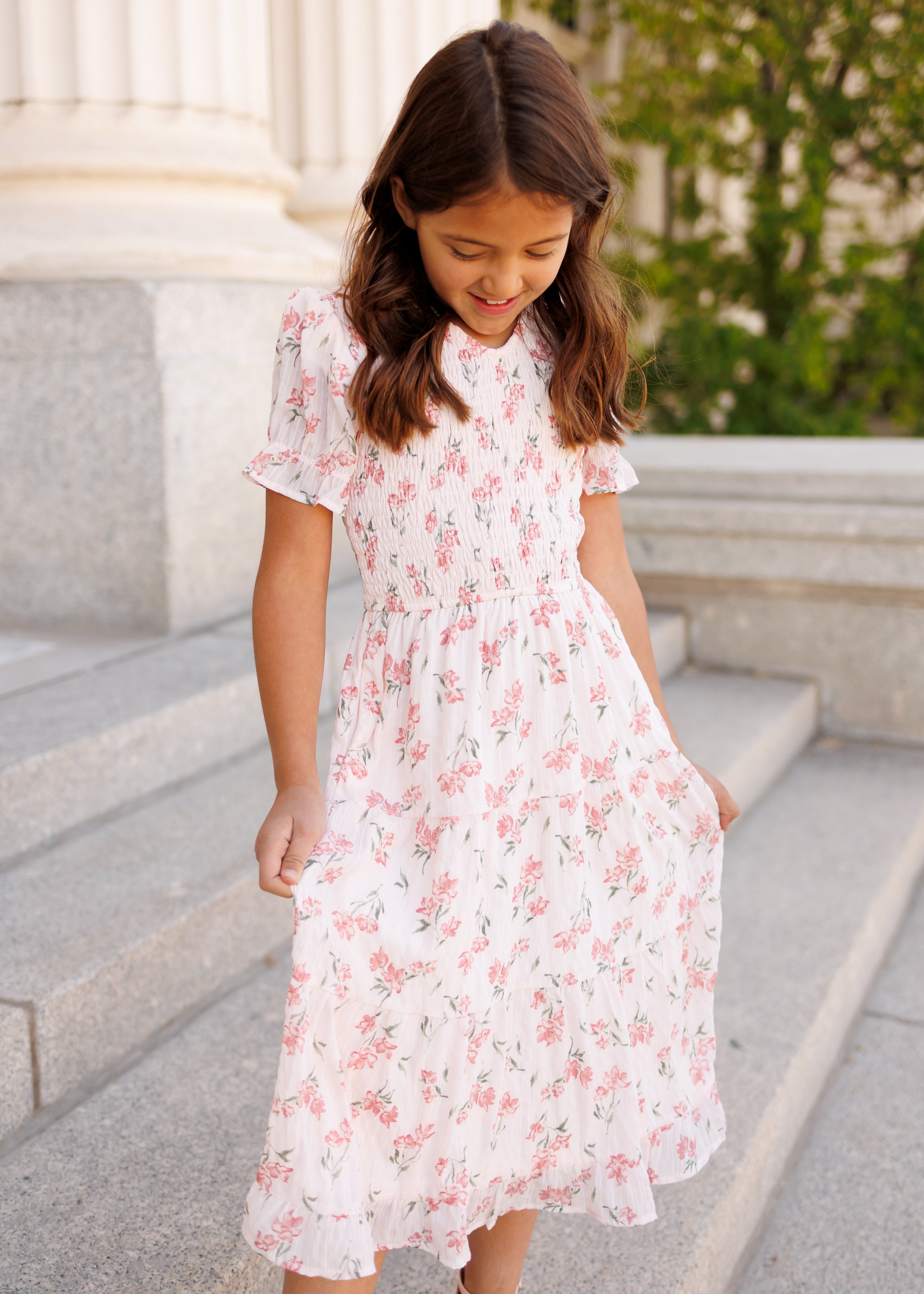 Emmie Pink Floral Tiered Little Girl Dress