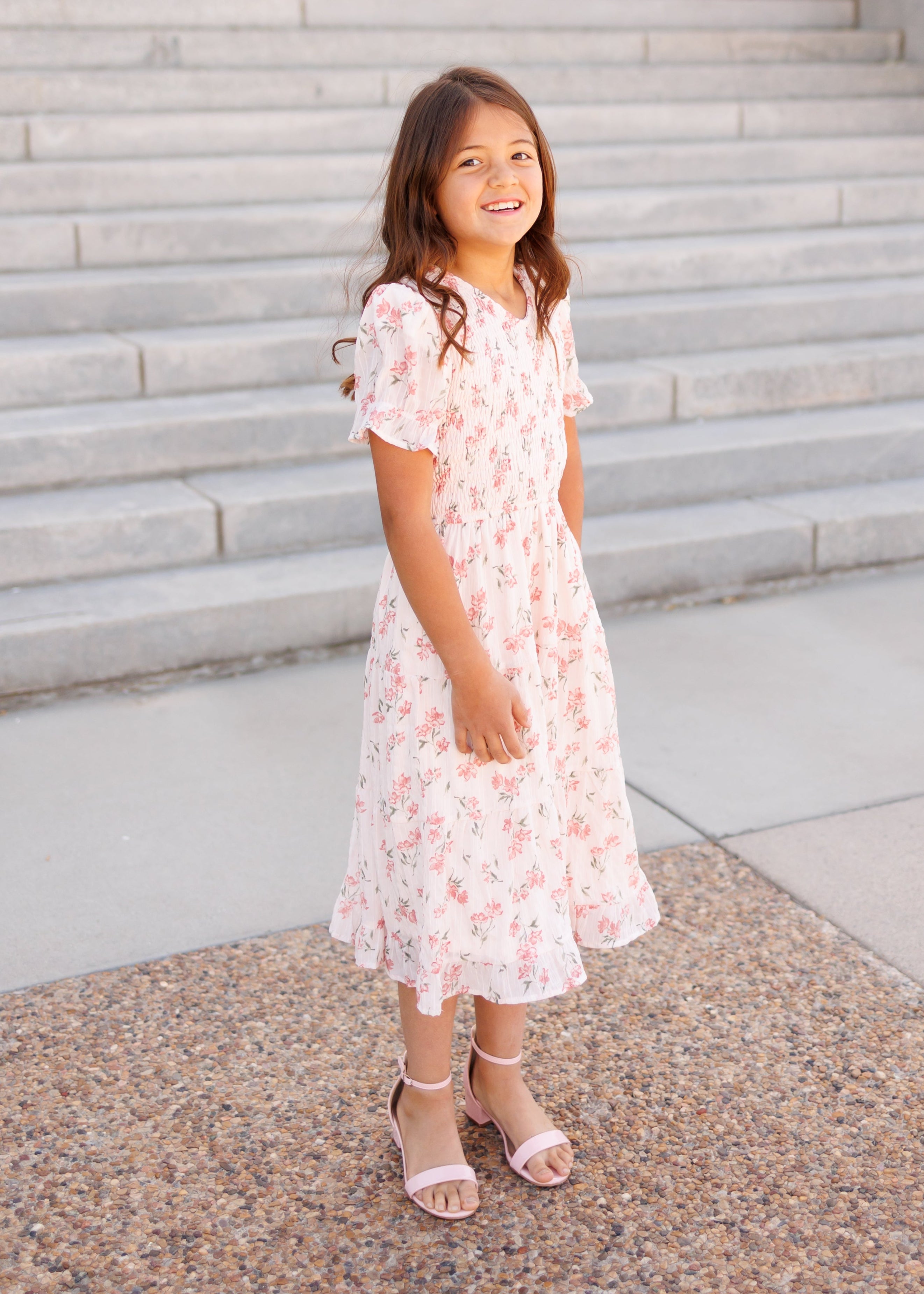 Emmie Pink Floral Tiered Little Girl Dress