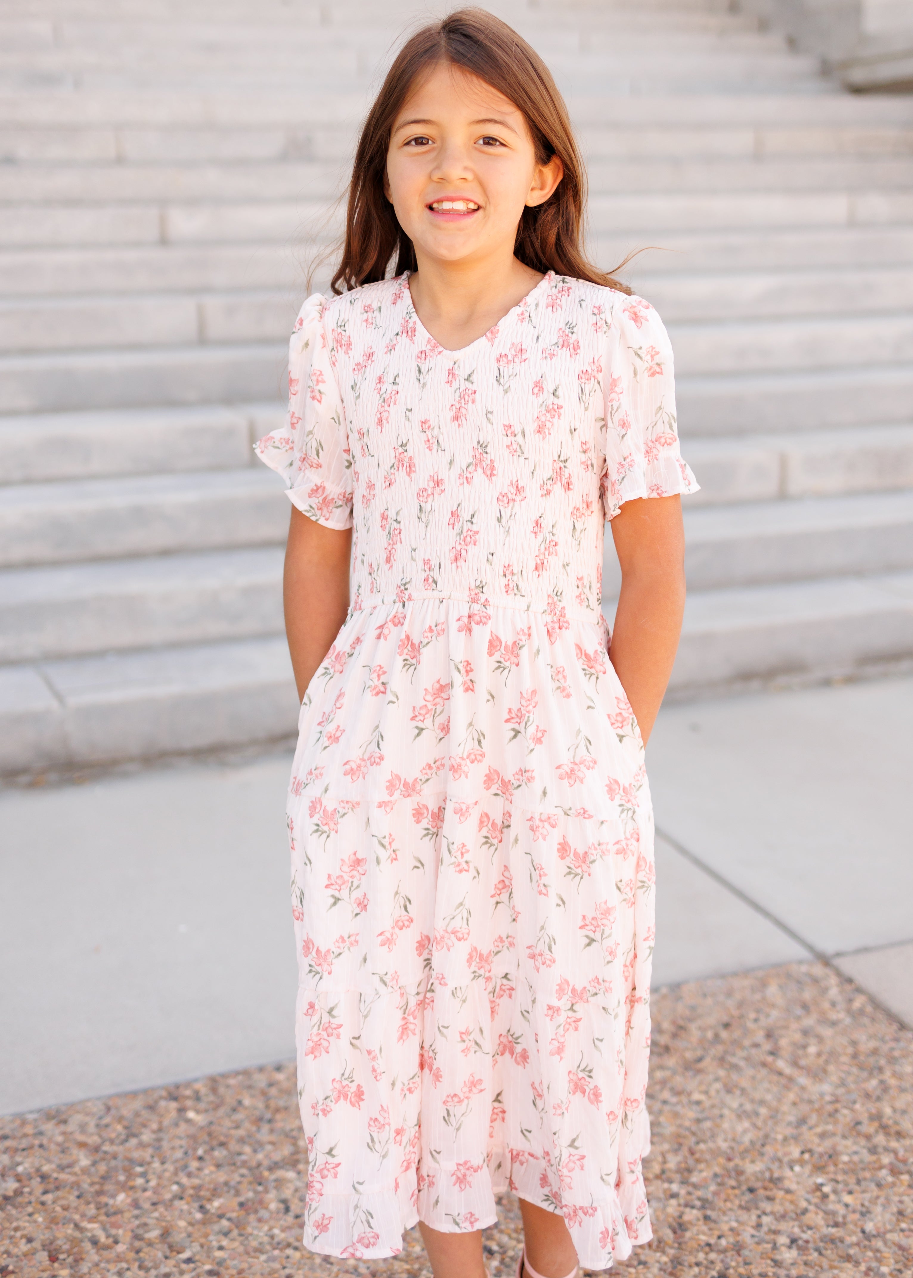 Emmie Pink Floral Tiered Little Girl Dress