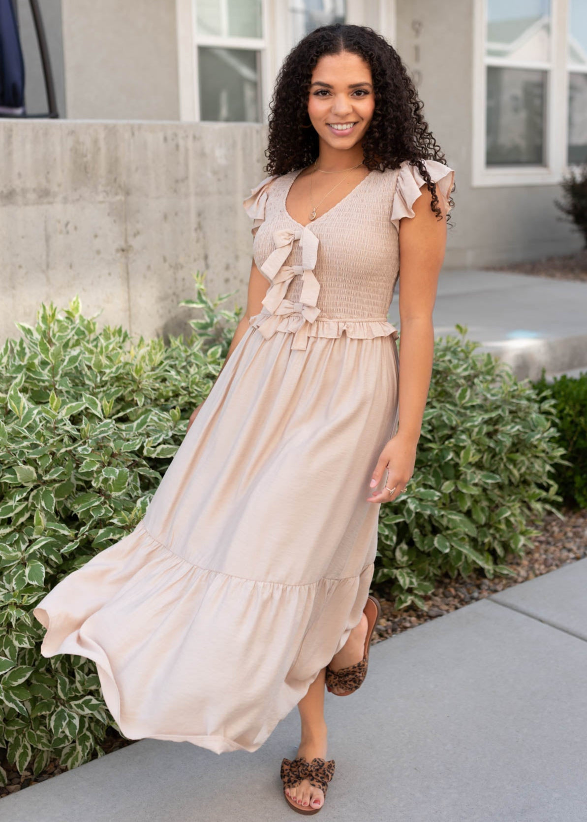 Gabrielle Light Beige Bow Dress