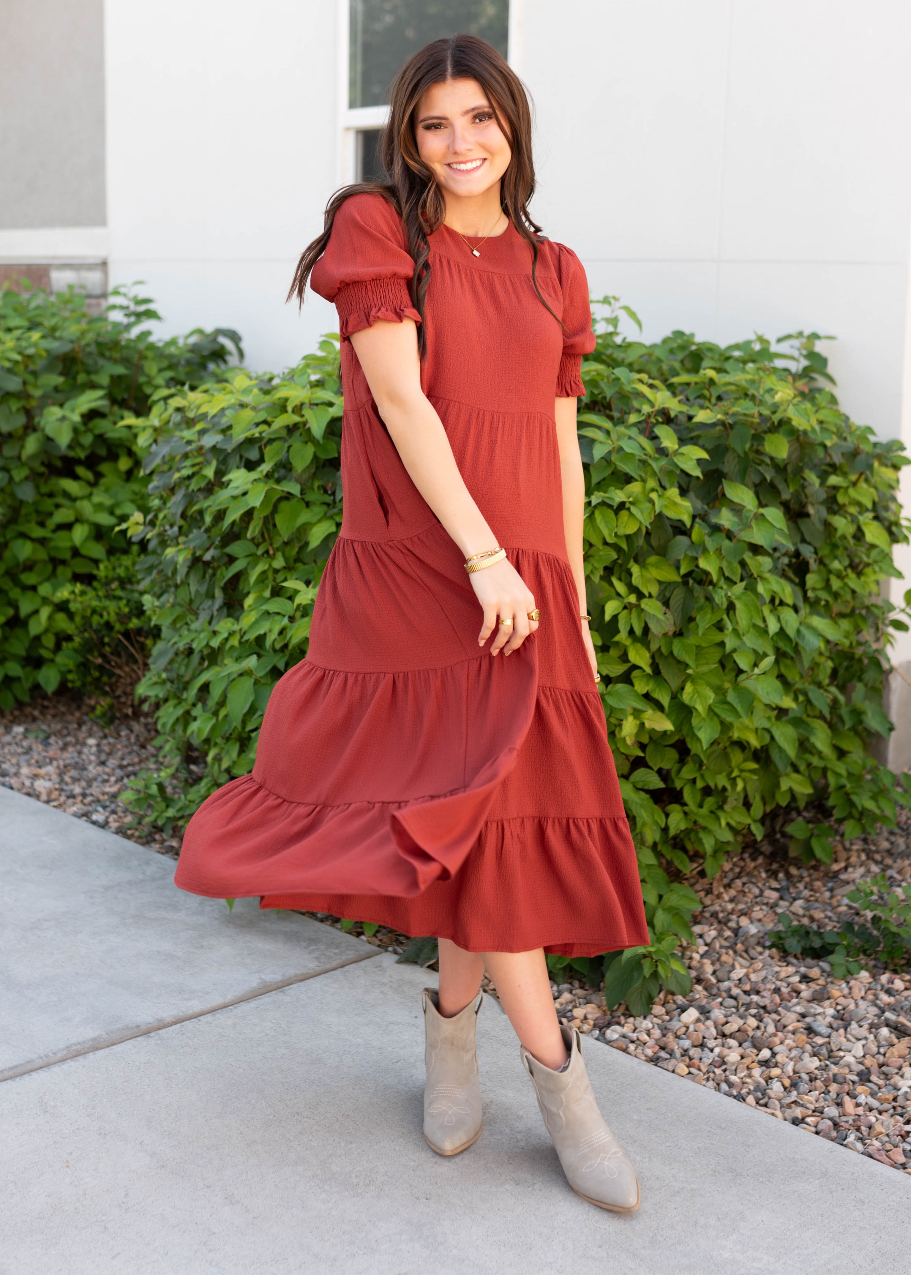 Janessa Tiered Rust Dress