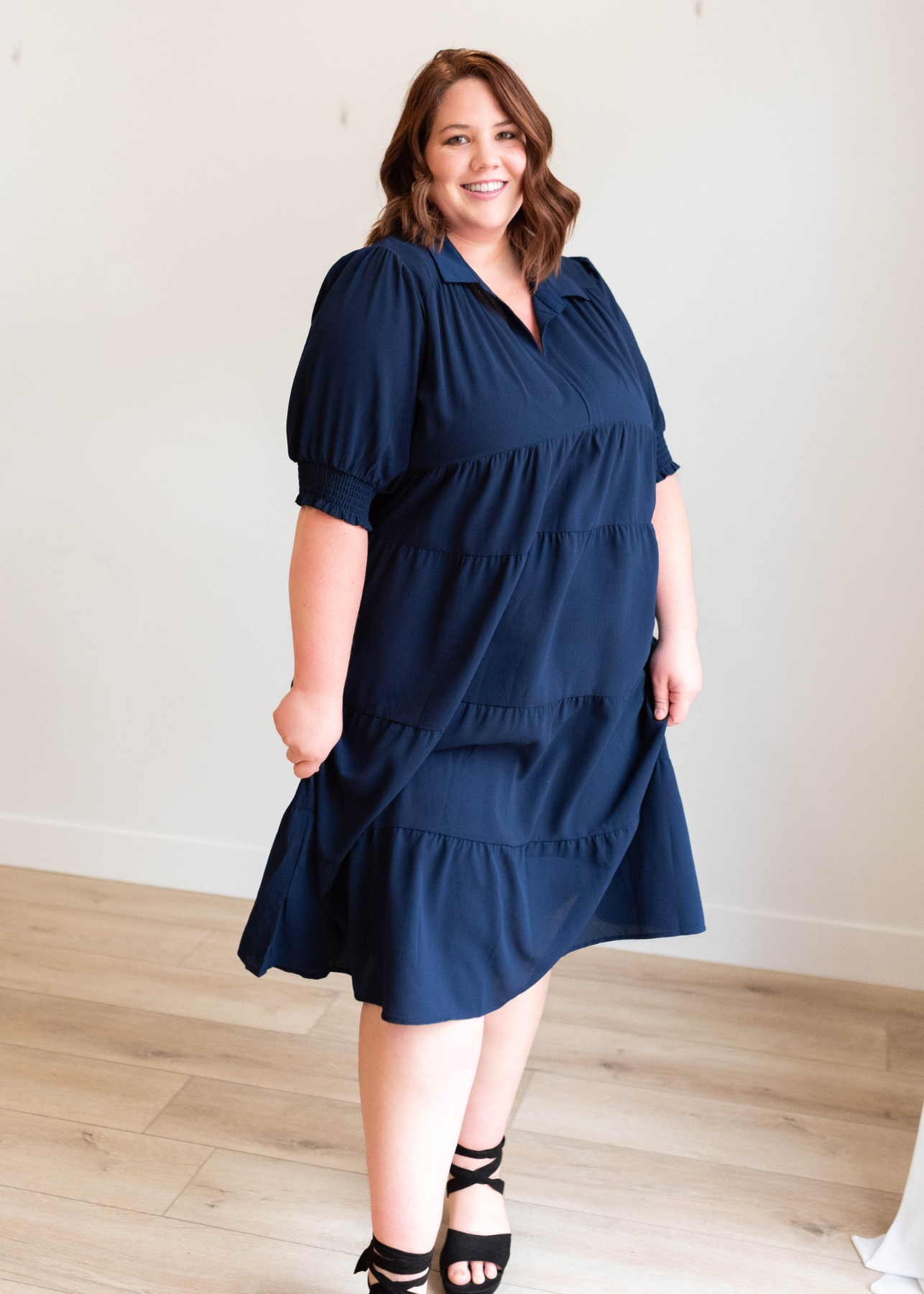 Julia Navy Collared Tiered Dress