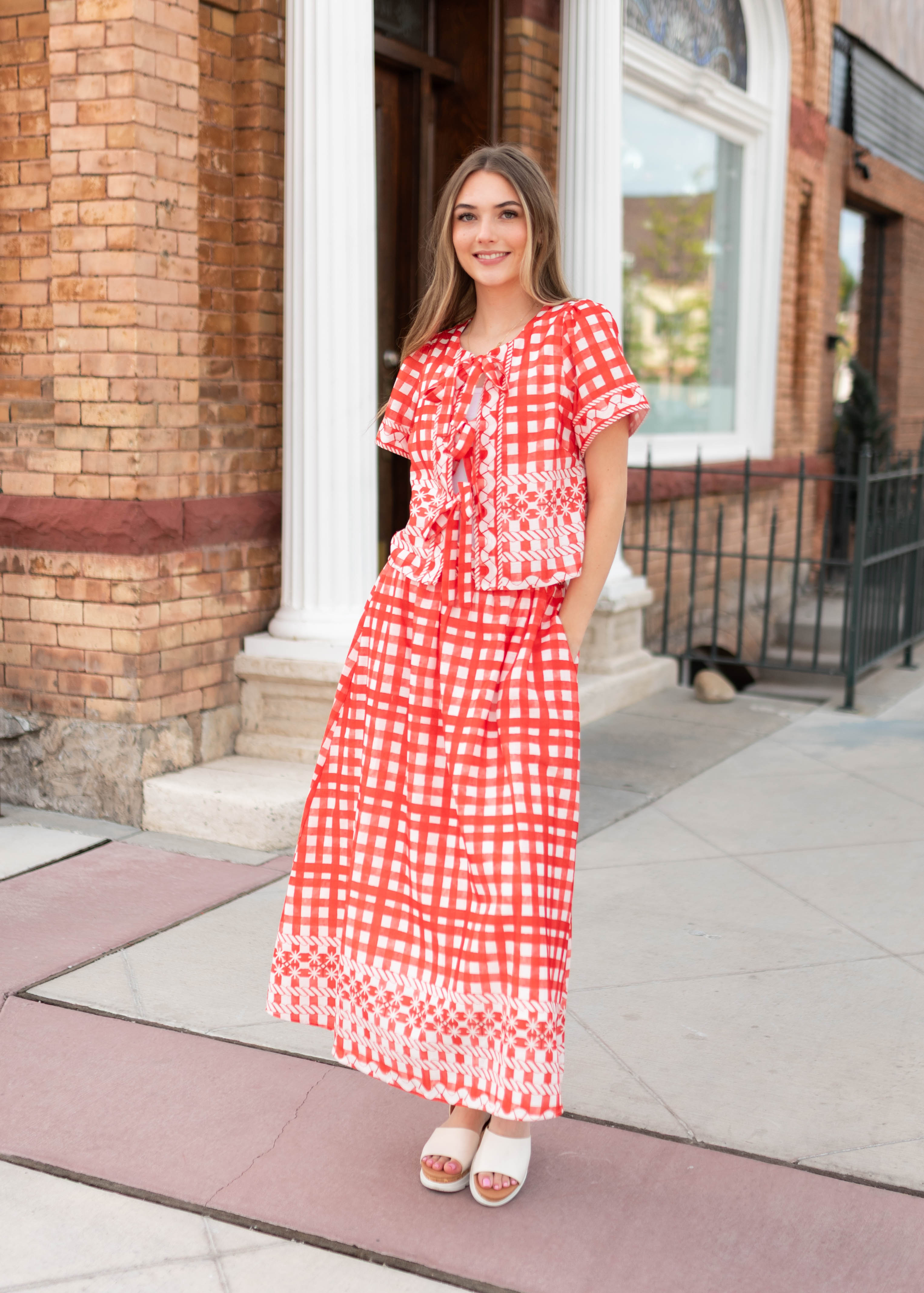 Juliette Red Patterned Tie Blouse