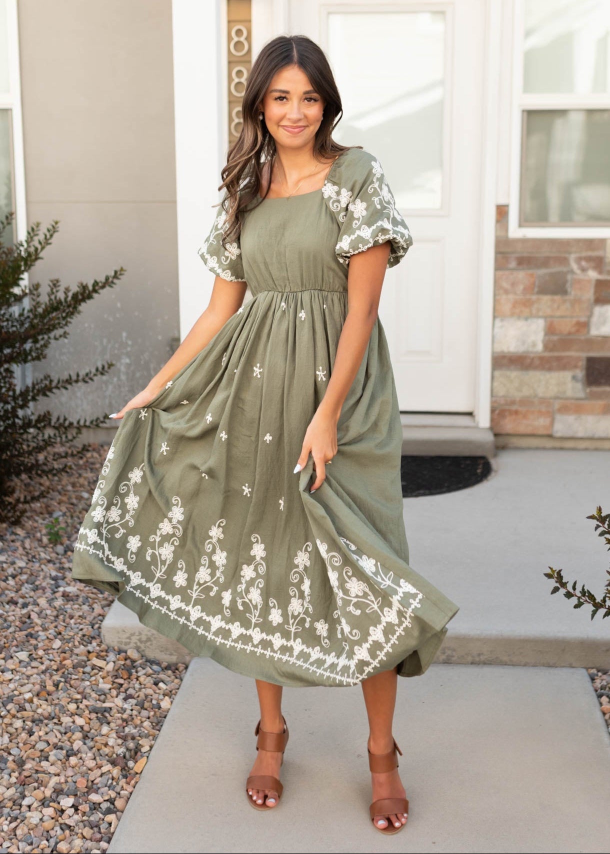 Kiera Olive Embroidered Dress