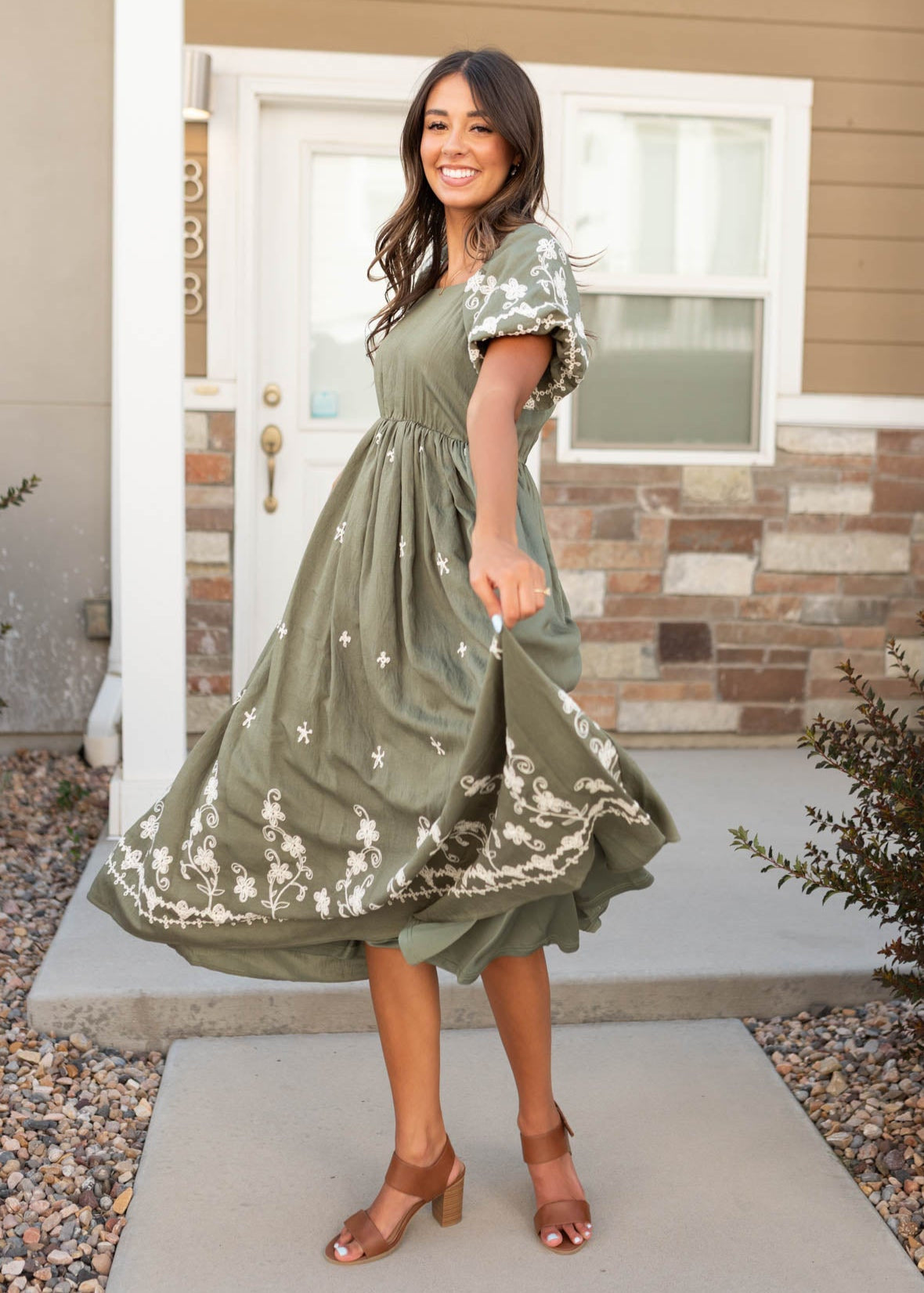 Kiera Olive Embroidered Dress