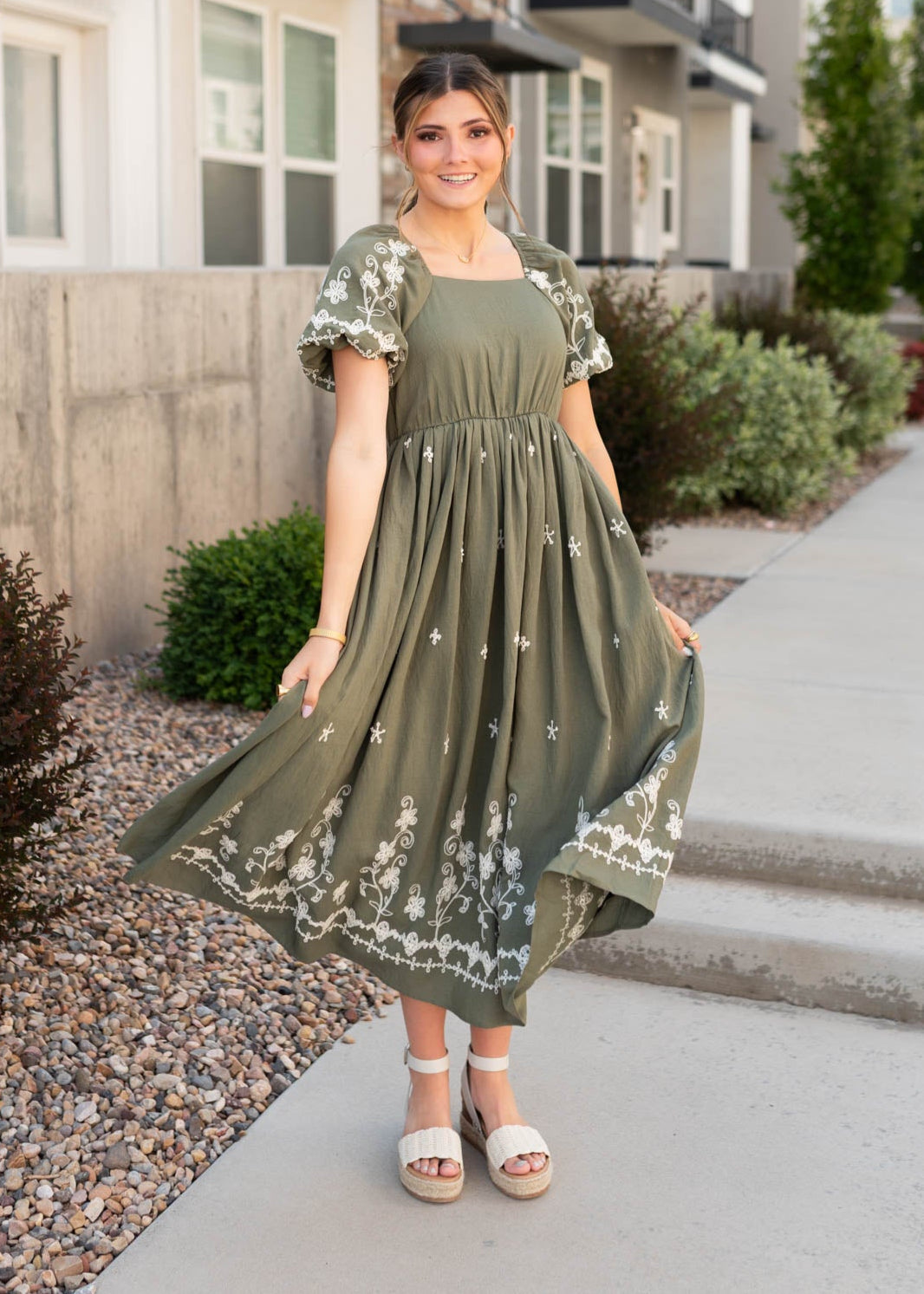 Kiera Olive Embroidered Dress