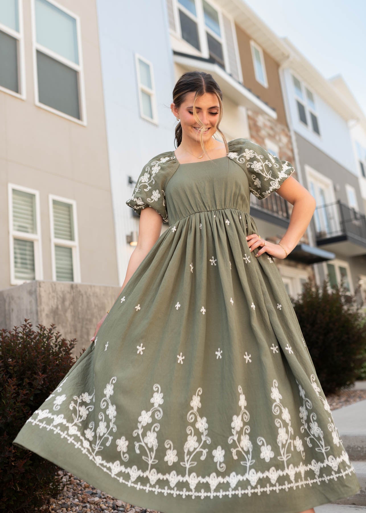 Kiera Olive Embroidered Dress
