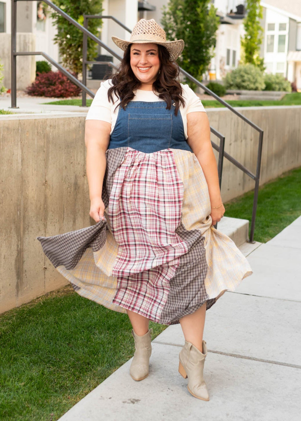 Kinsey Denim Patchwork Plaid Overall Dress